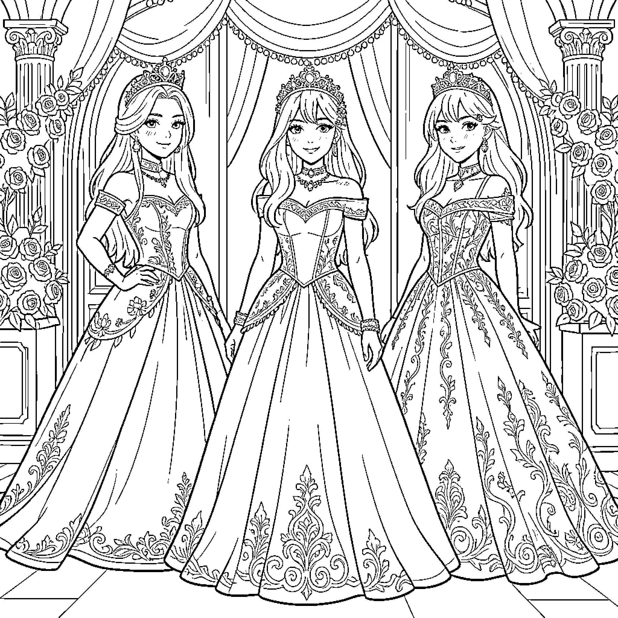 Kpop Girl group posing in elegant royal ballgowns Coloring Page (free black-and-white line drawing printable PDF for all, from beginners to advanced learners, including children, teens, adults, and seniors)