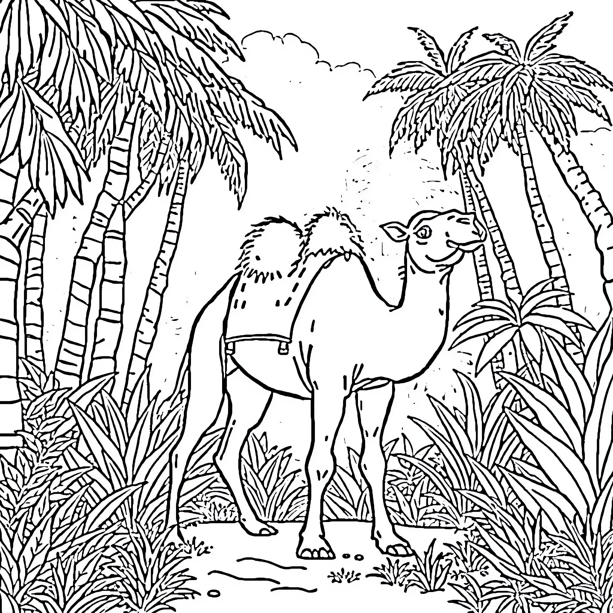 Camel in lush tropical landscape Coloring Page (free black-and-white line drawing printable PDF for all, from beginners to advanced learners, including children, teens, adults, and seniors)