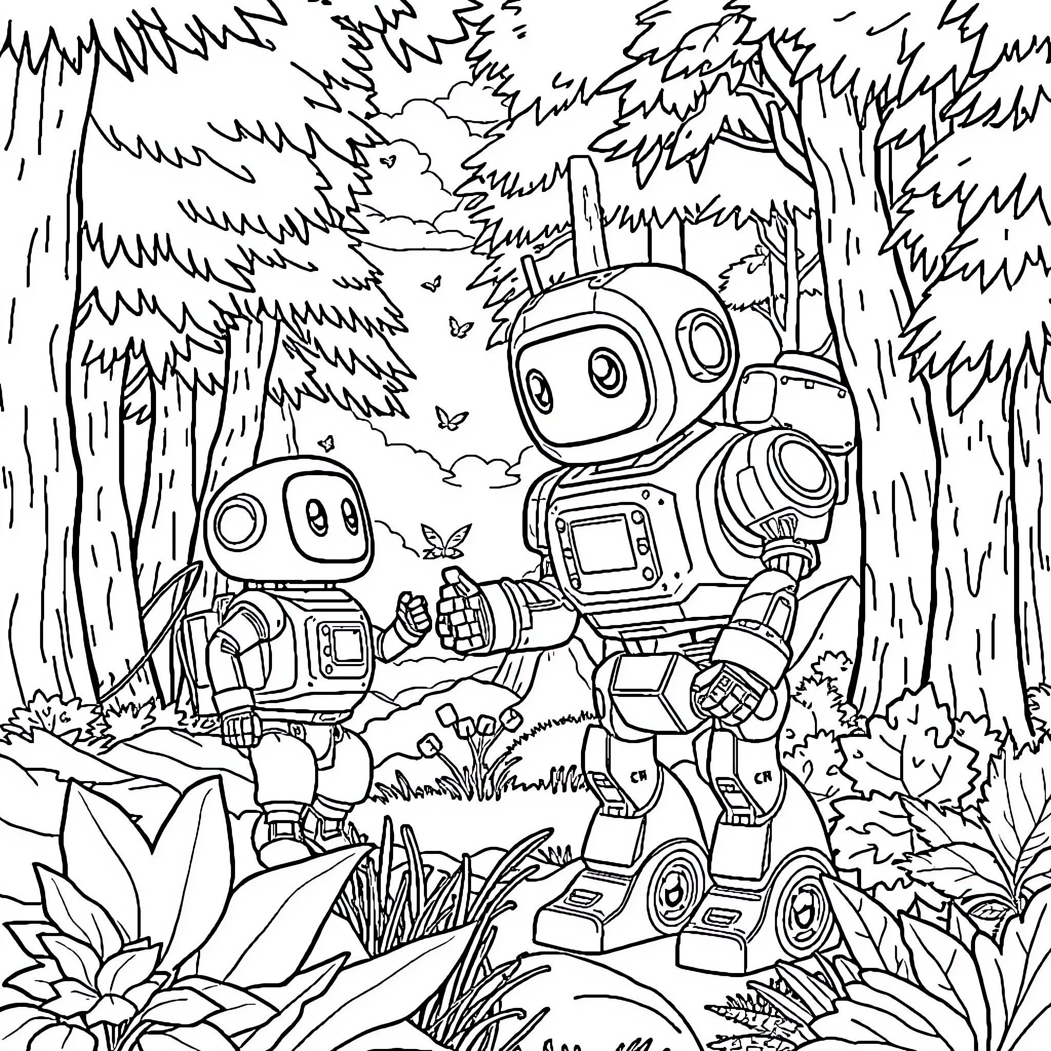 Bimo Robots Exploring the Lush Forest Coloring Page (free black-and-white line drawing printable PDF for all, from beginners to advanced learners, including children, teens, adults, and seniors)