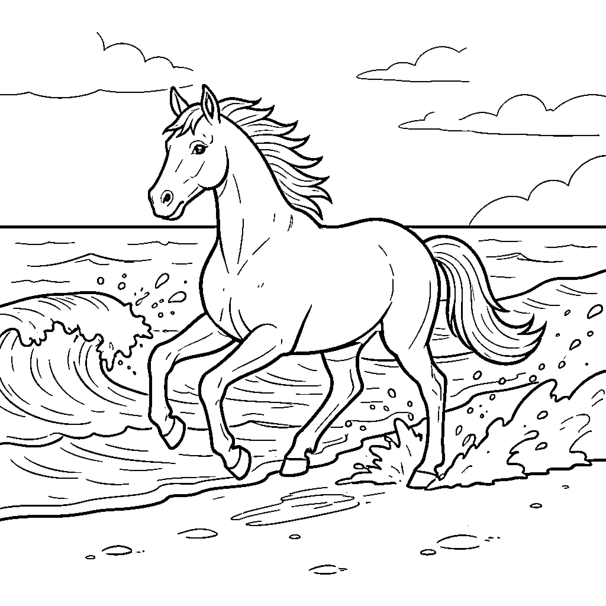 Horse galloping through waves on the beach Coloring Page (free black-and-white line drawing printable PDF for all, from beginners to advanced learners, including children, teens, adults, and seniors)