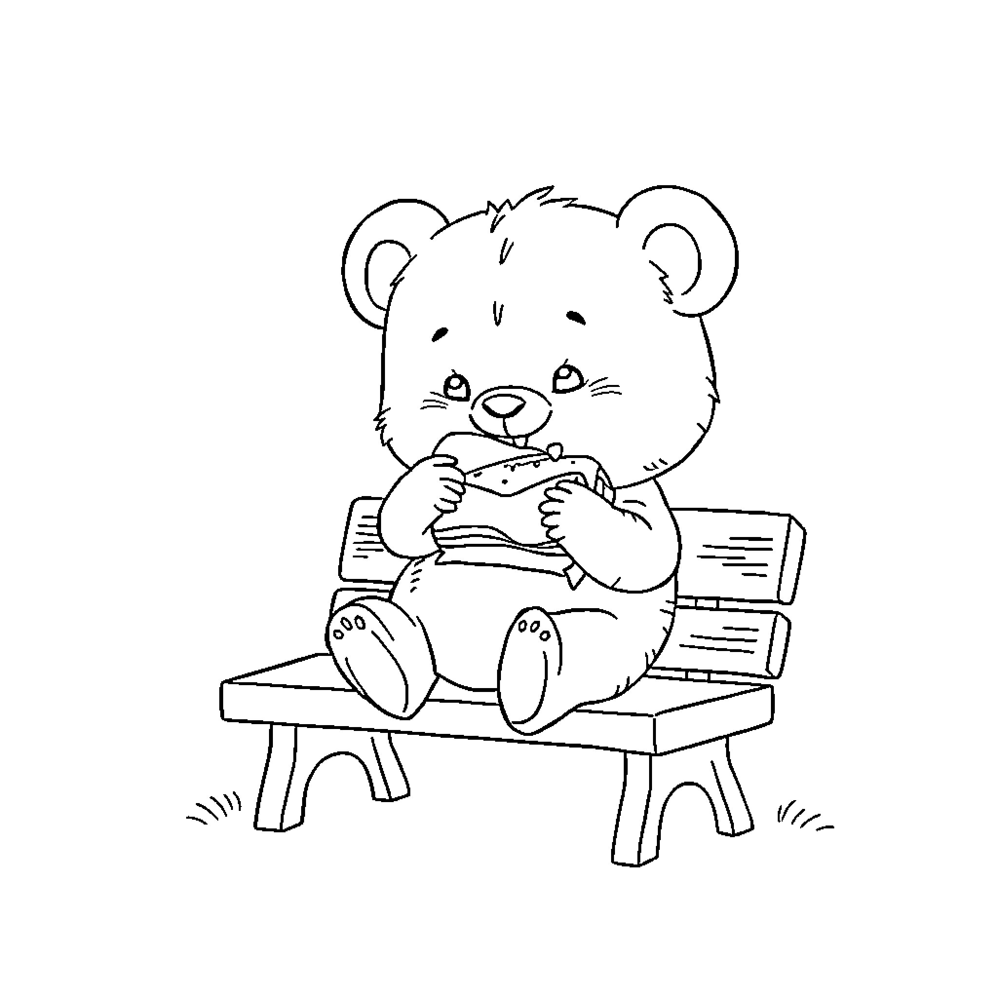 Baby Bear Enjoying a Snack on a Bench Coloring Page (free black-and-white line drawing printable PDF for all, from beginners to advanced learners, including children, teens, adults, and seniors)