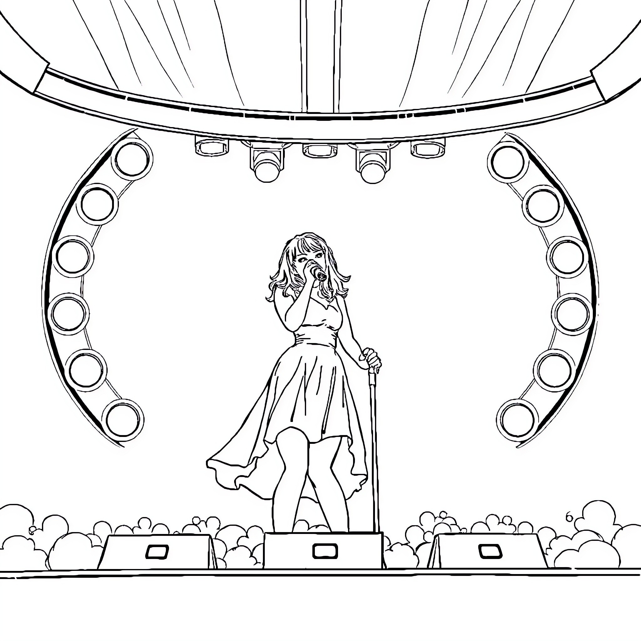 Taylor Swift performing on stage Coloring Page (free black-and-white line drawing printable PDF for all, from beginners to advanced learners, including children, teens, adults, and seniors)