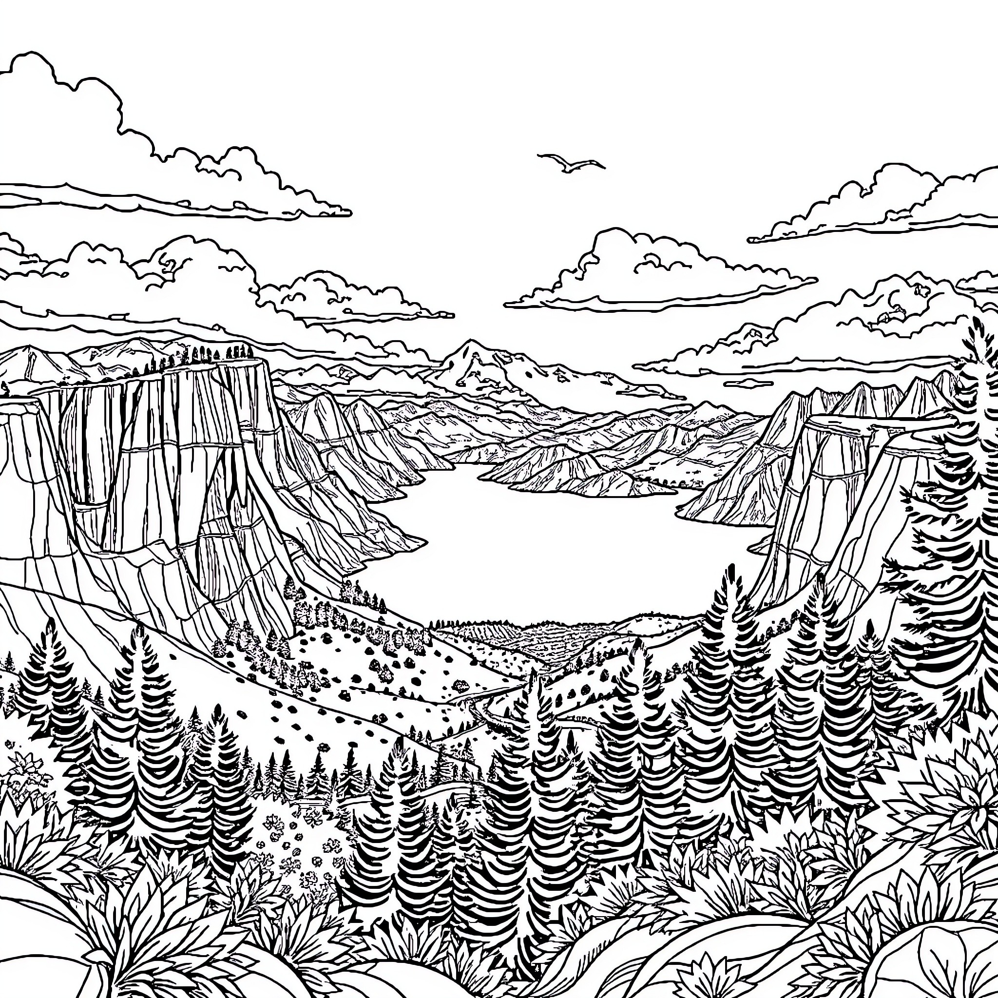 Backdrop of a scenic mountain landscape with a winding trail Coloring Page (free black-and-white line drawing printable PDF for all, from beginners to advanced learners, including children, teens, adults, and seniors)
