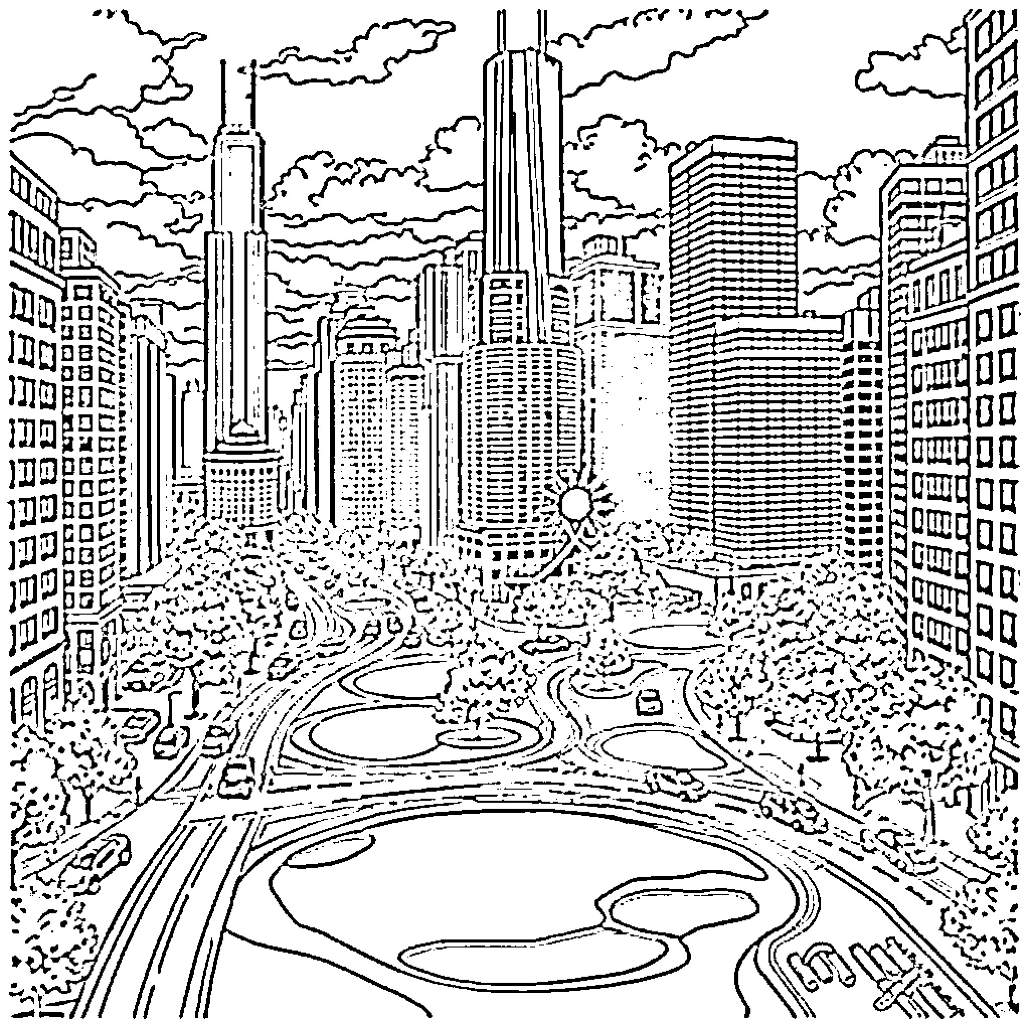 Golf Hole in the Bustling City Skyline Coloring Page (free black-and-white line drawing printable PDF for all, from beginners to advanced learners, including children, teens, adults, and seniors)