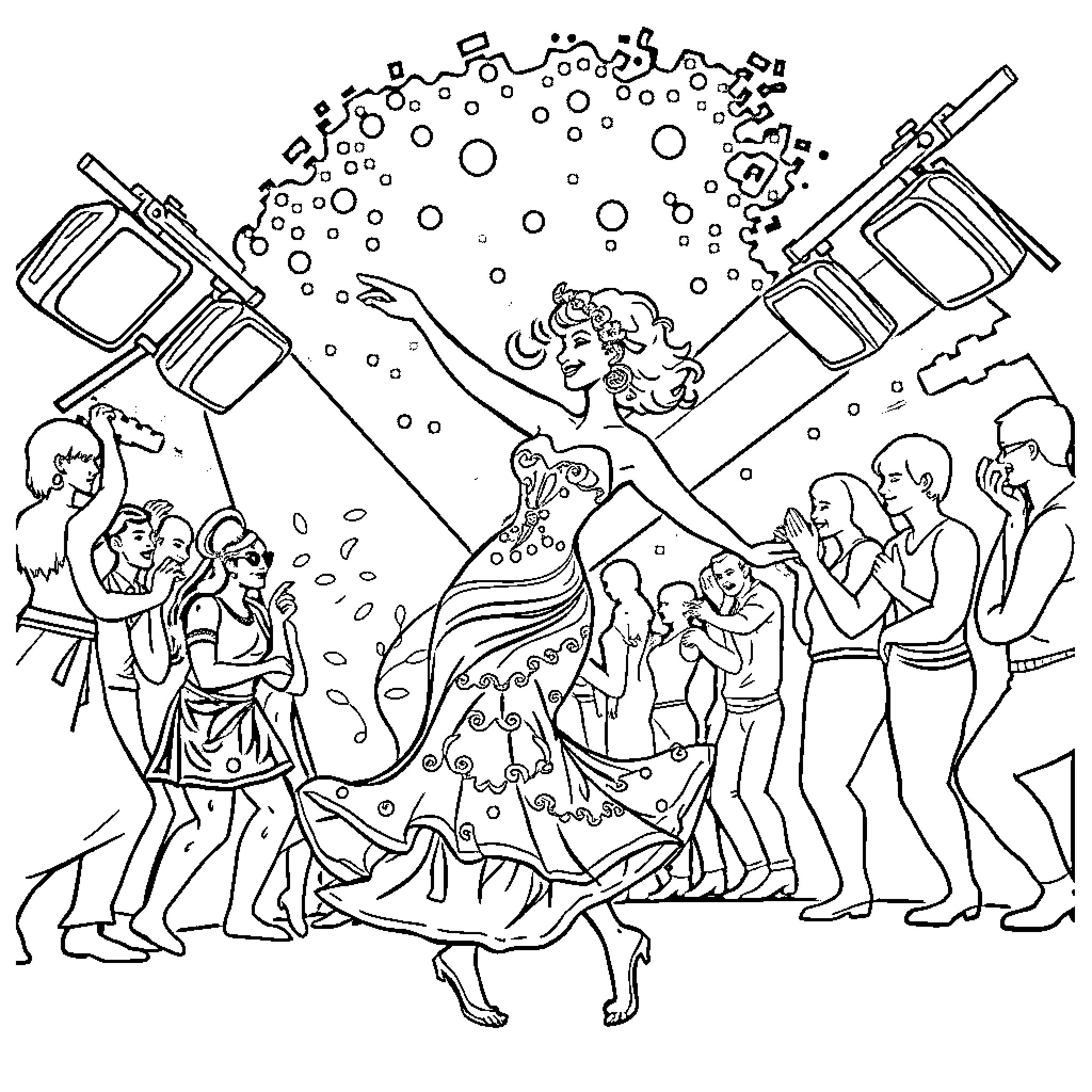 Strawberry Festival Celebration with Performers and Crowd Coloring Page (free black-and-white line drawing printable PDF for all, from beginners to advanced learners, including children, teens, adults, and seniors)
