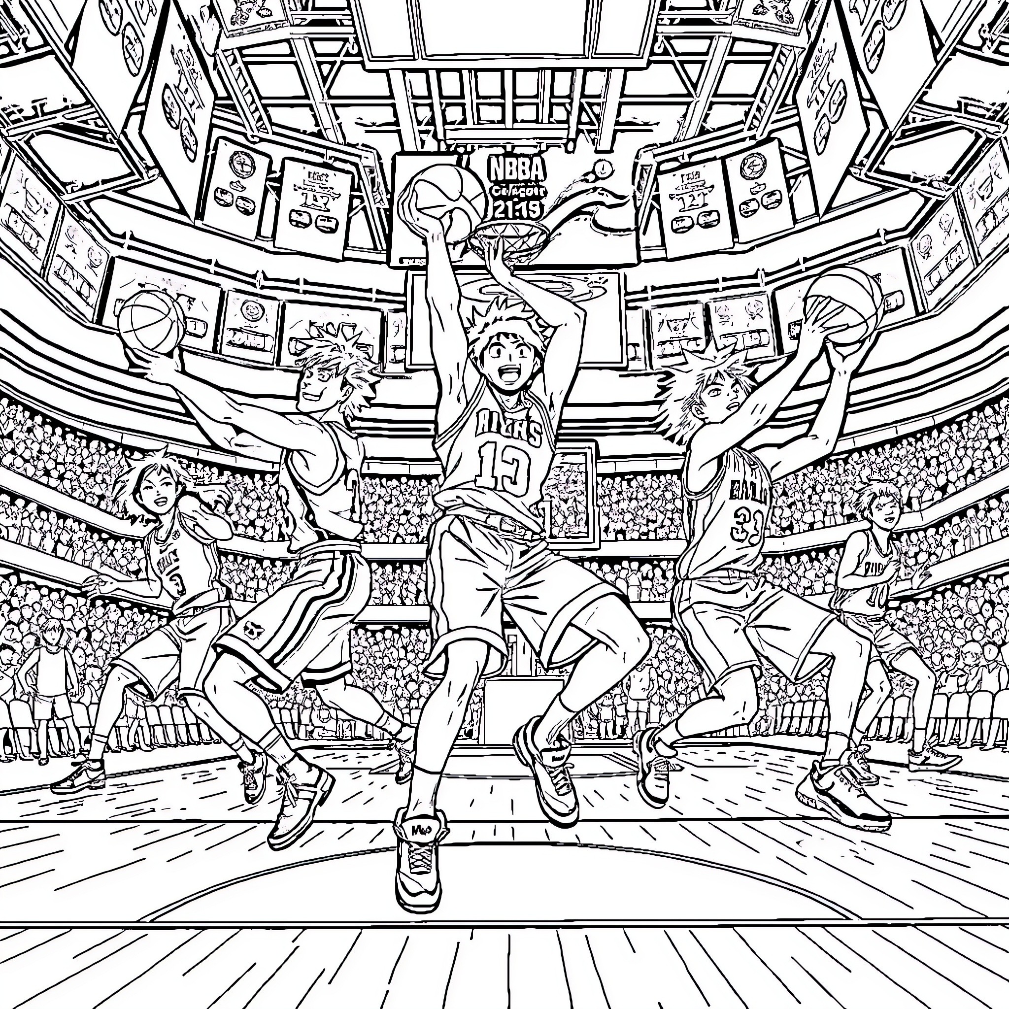 Hero Basketball Players Competing on the Court Coloring Page (free black-and-white line drawing printable PDF for all, from beginners to advanced learners, including children, teens, adults, and seniors)
