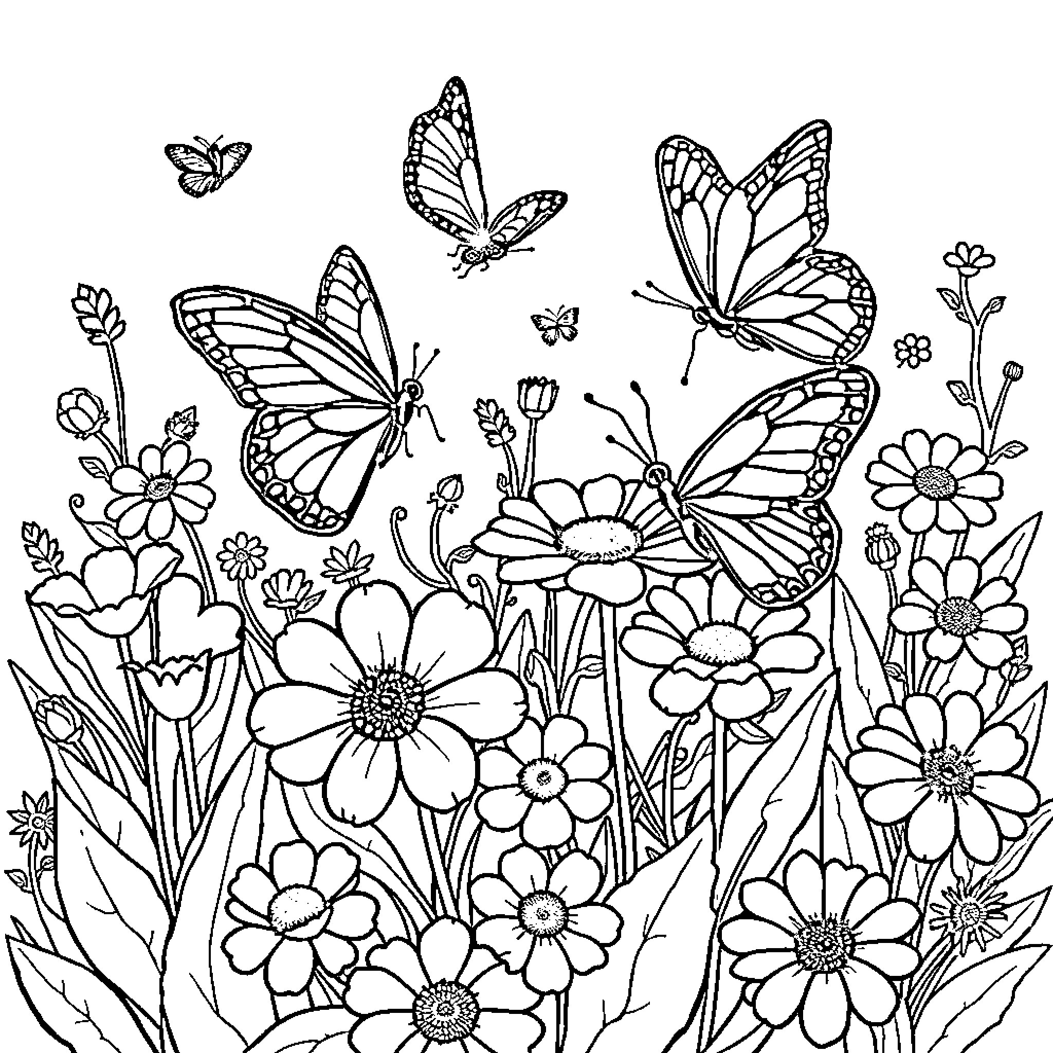 Butterfly garden with vibrant flowers Coloring Page (free black-and-white line drawing printable PDF for all, from beginners to advanced learners, including children, teens, adults, and seniors)