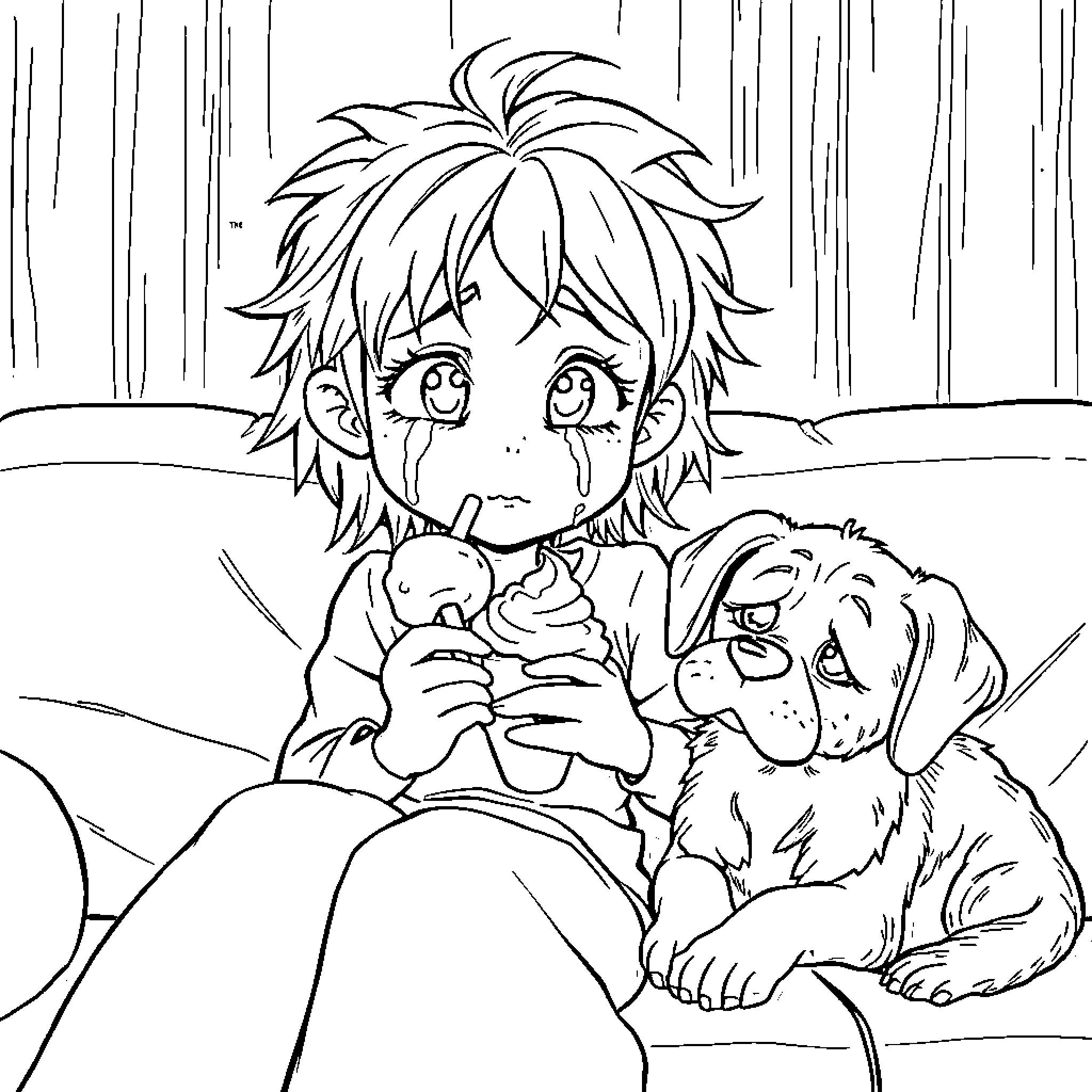 Girl Snuggling with Puppy in Rainy Weather Coloring Page (free black-and-white line drawing printable PDF for all, from beginners to advanced learners, including children, teens, adults, and seniors)