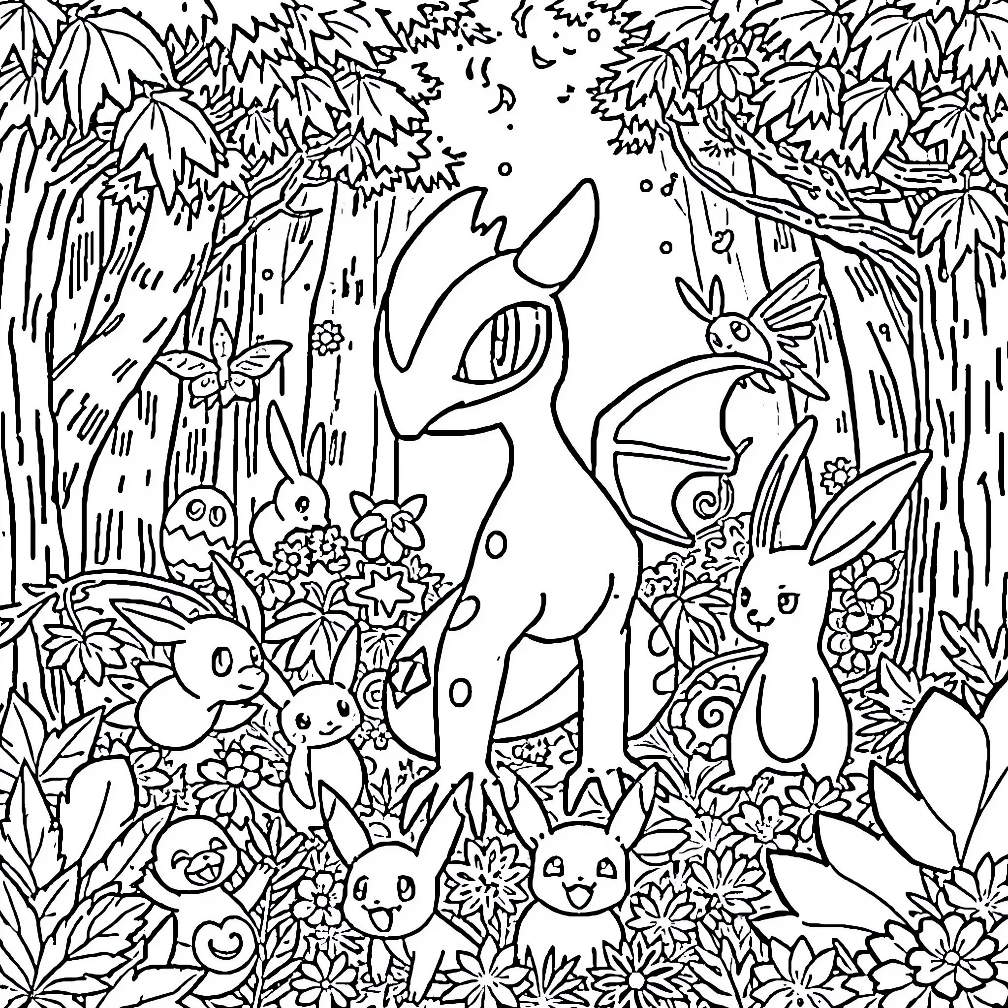 Huntrix's Whimsical Forest Adventure Coloring Page (free black-and-white line drawing printable PDF for all, from beginners to advanced learners, including children, teens, adults, and seniors)
