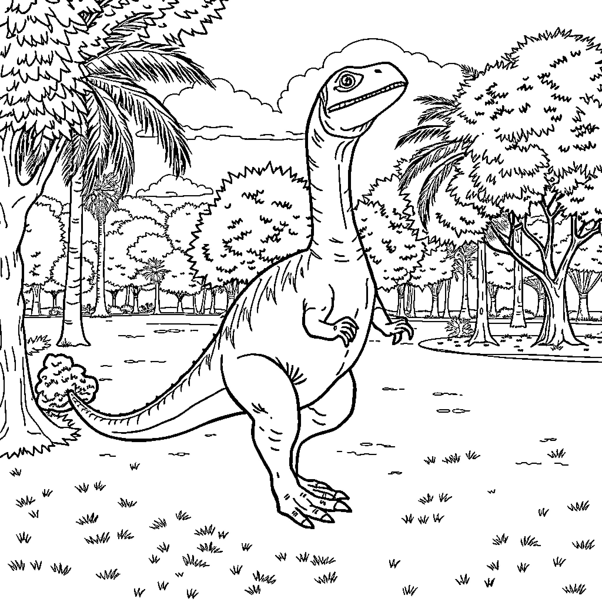 Tyranosaurus dinosaur exploring lush jungle landscape Coloring Page (free black-and-white line drawing printable PDF for all, from beginners to advanced learners, including children, teens, adults, and seniors)