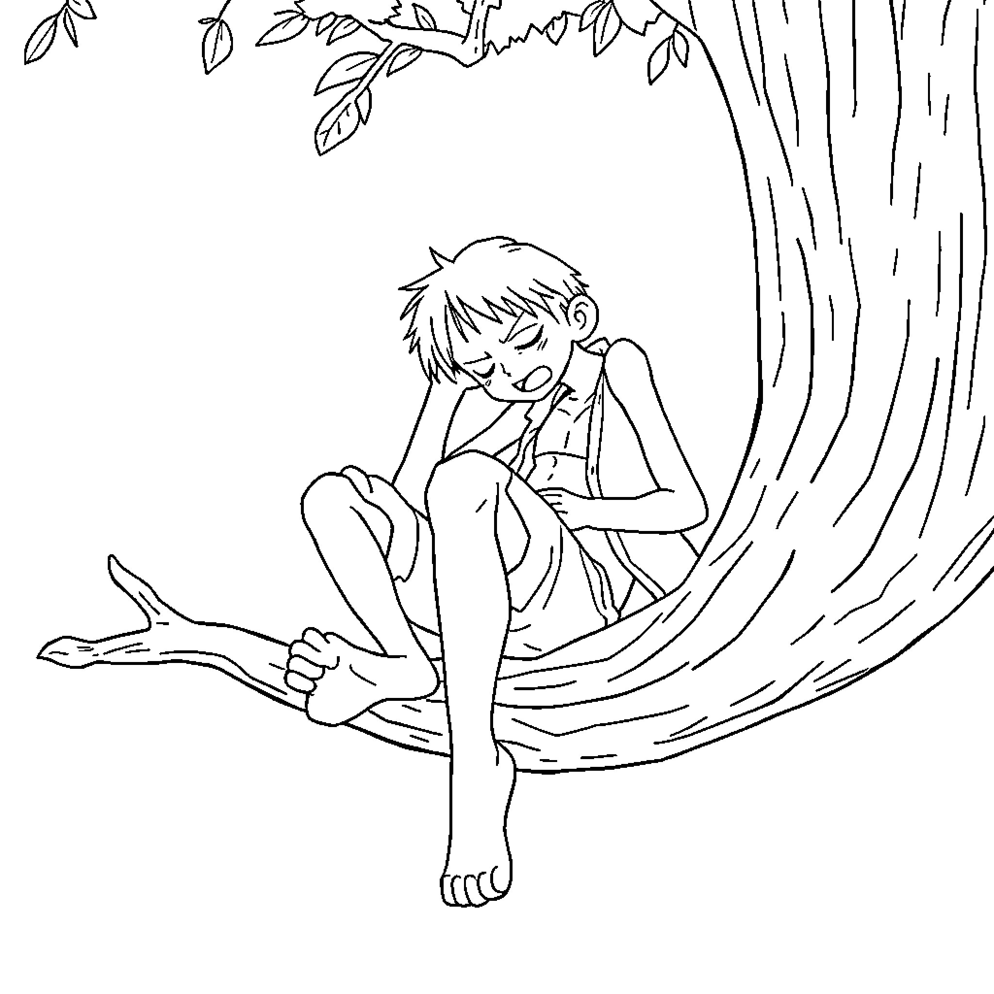 Monkey D Luffy relaxing in a hammock Coloring Page (free black-and-white line drawing printable PDF for all, from beginners to advanced learners, including children, teens, adults, and seniors)
