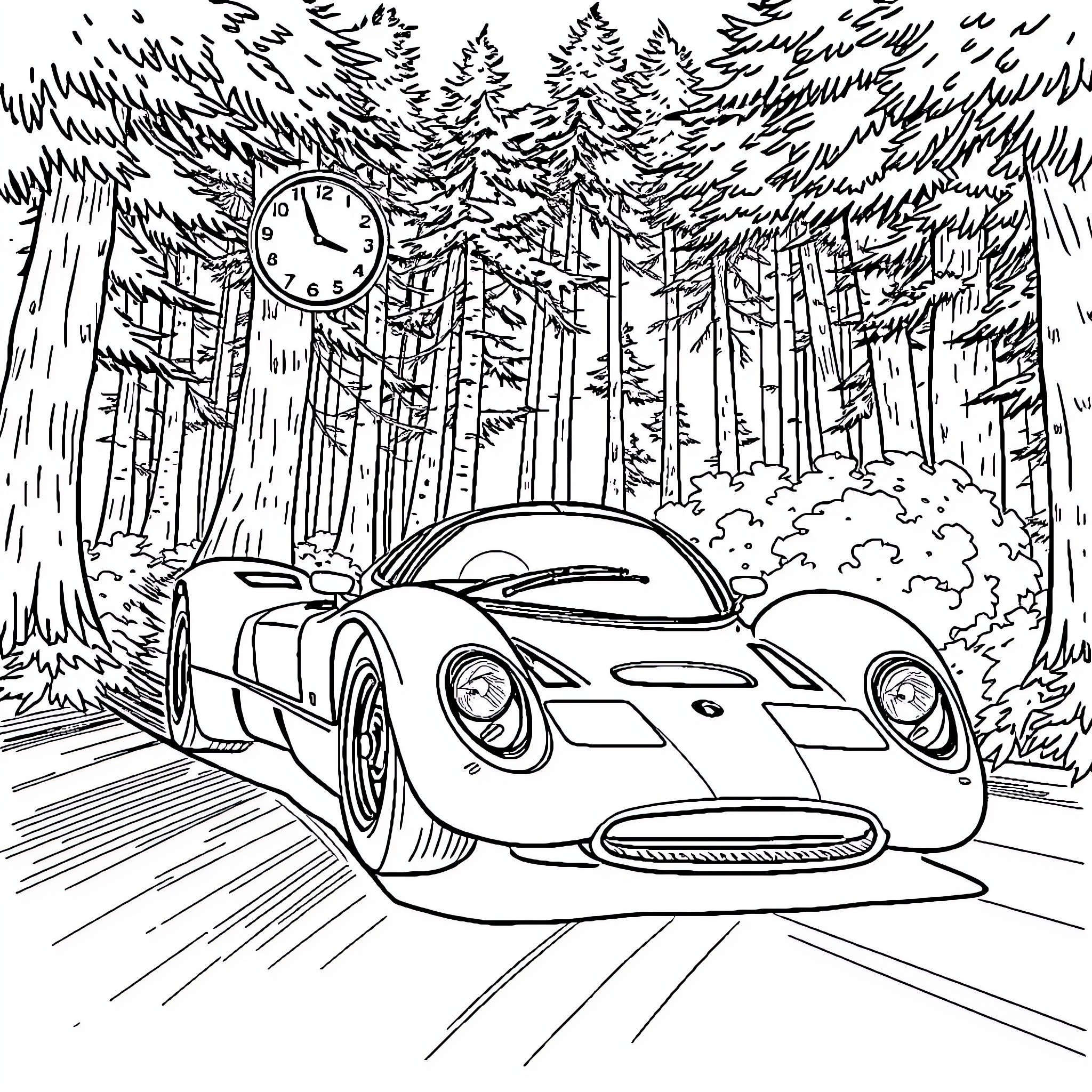 Racing Car Speeding Through Mysterious Forest Coloring Page (free black-and-white line drawing printable PDF for all, from beginners to advanced learners, including children, teens, adults, and seniors)