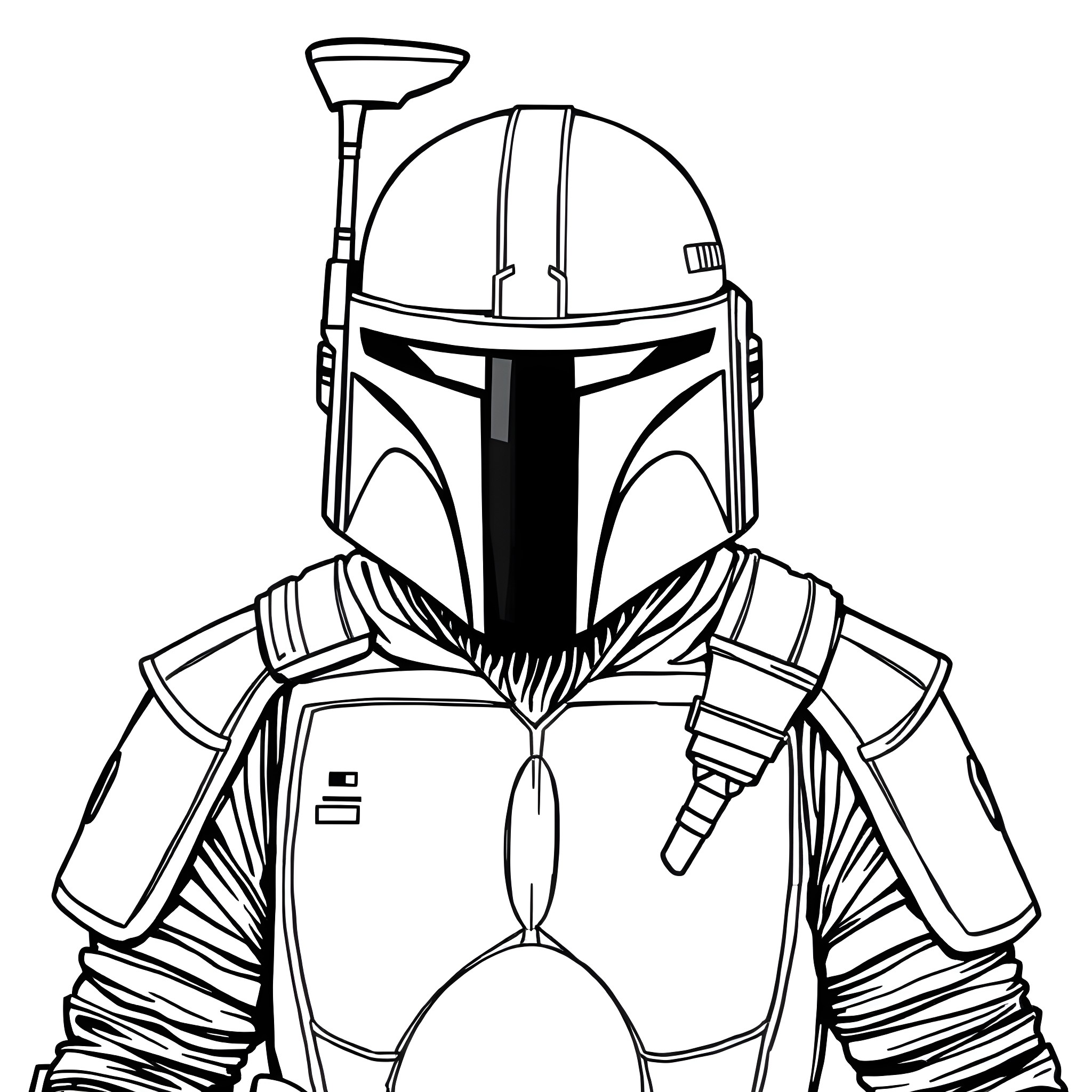Boba Fett in Action Pose Coloring Page (free black-and-white line drawing printable PDF for all, from beginners to advanced learners, including children, teens, adults, and seniors)