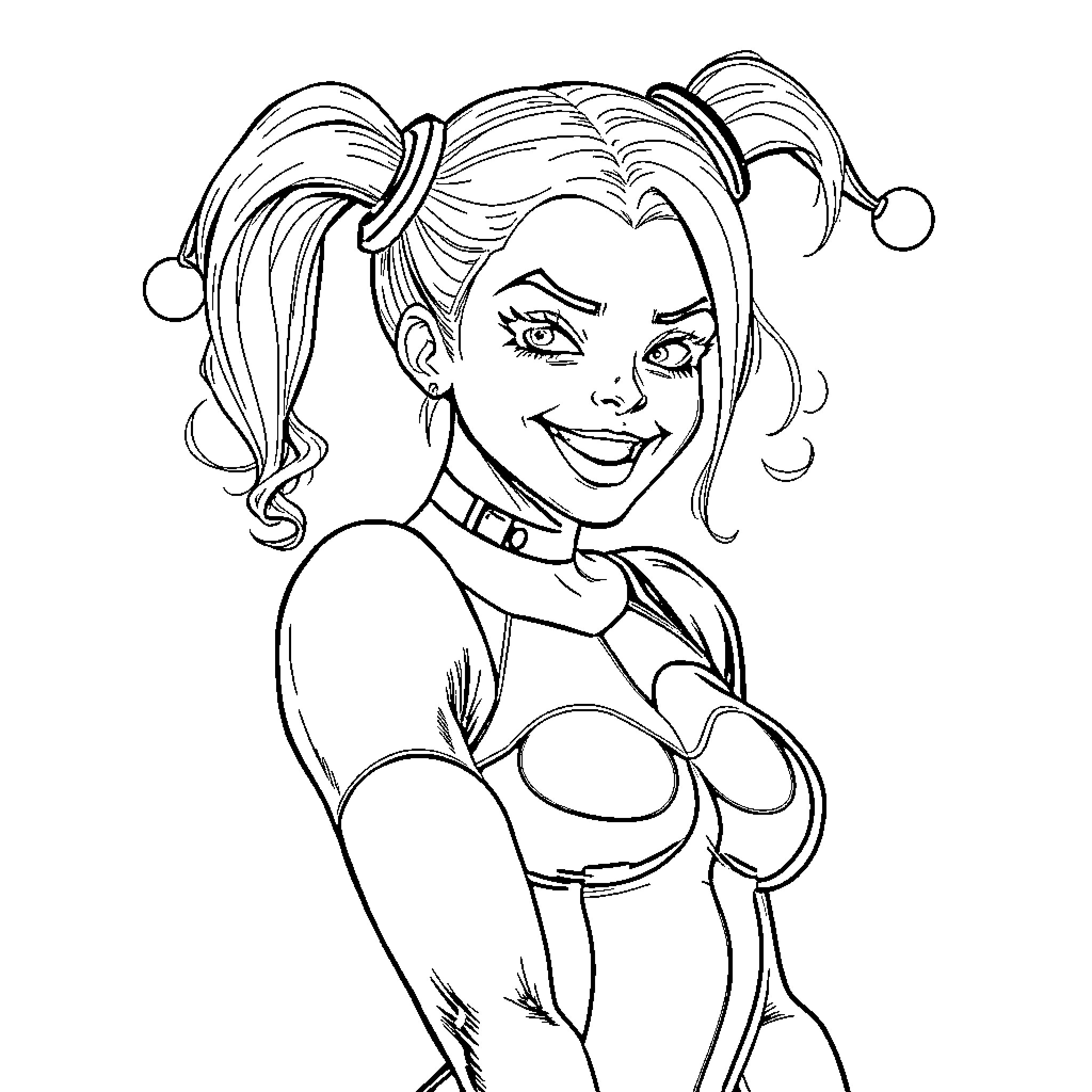 Harley Quinn in playful and mischievous pose Coloring Page (free black-and-white line drawing printable PDF for all, from beginners to advanced learners, including children, teens, adults, and seniors)