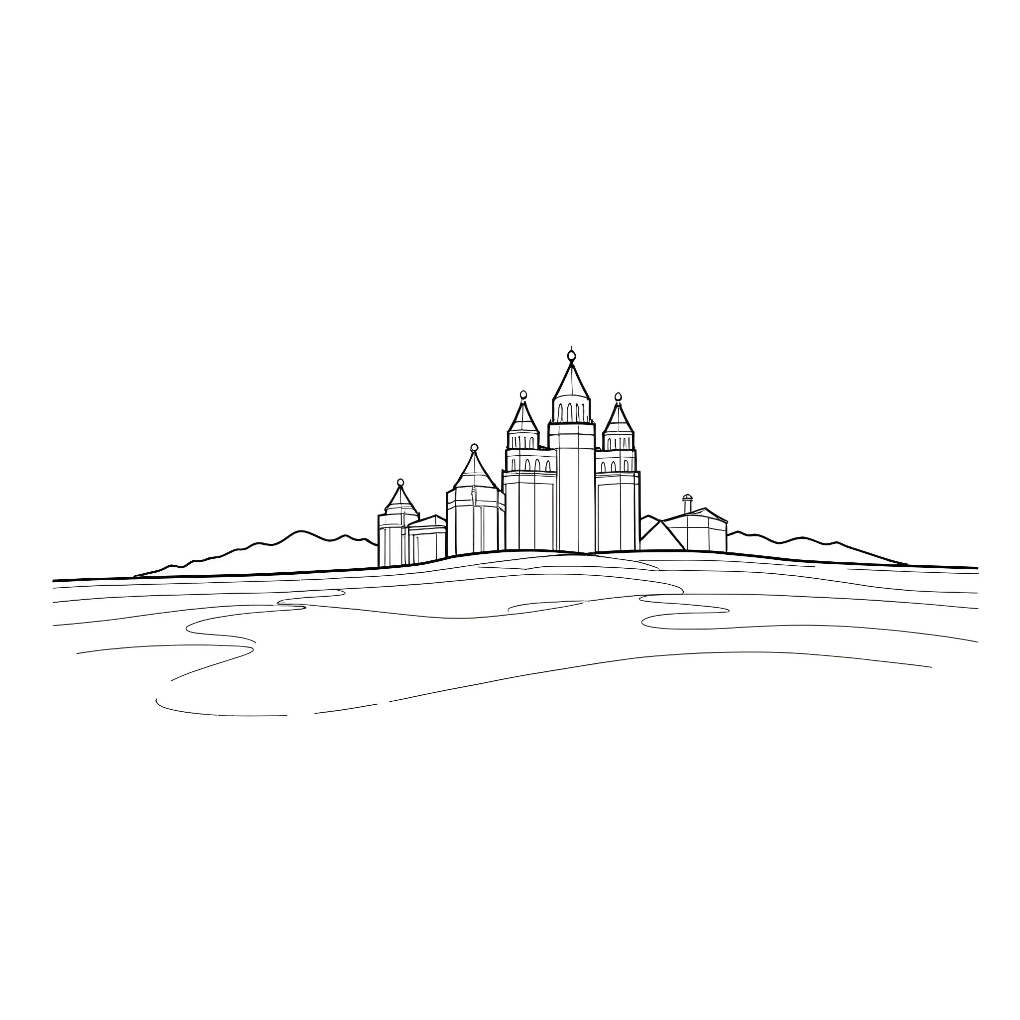 Building with pointed towers on a lakeside landscape Coloring Page (free black-and-white line drawing printable PDF for all, from beginners to advanced learners, including children, teens, adults, and seniors)