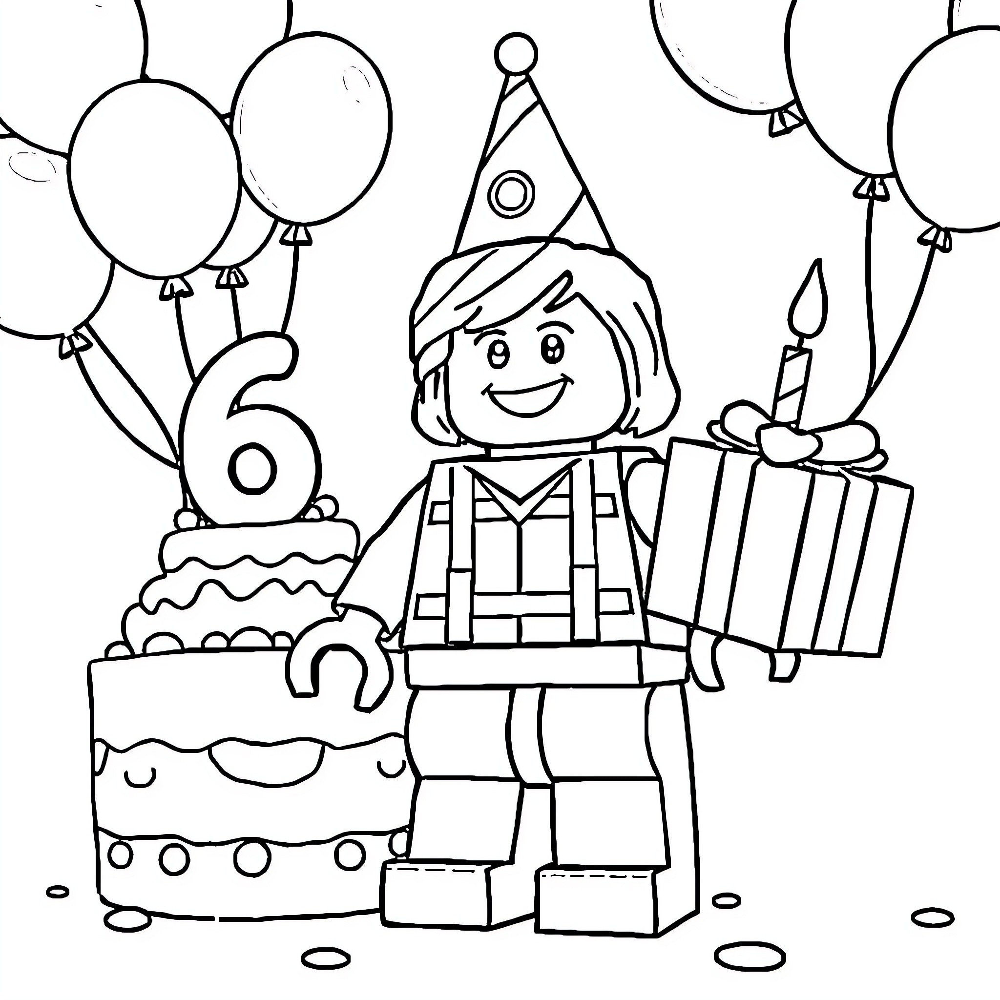 LEGO Minifigure celebrating 6th birthday with cake and balloons Coloring Page (free black-and-white line drawing printable PDF for all, from beginners to advanced learners, including children, teens, adults, and seniors)