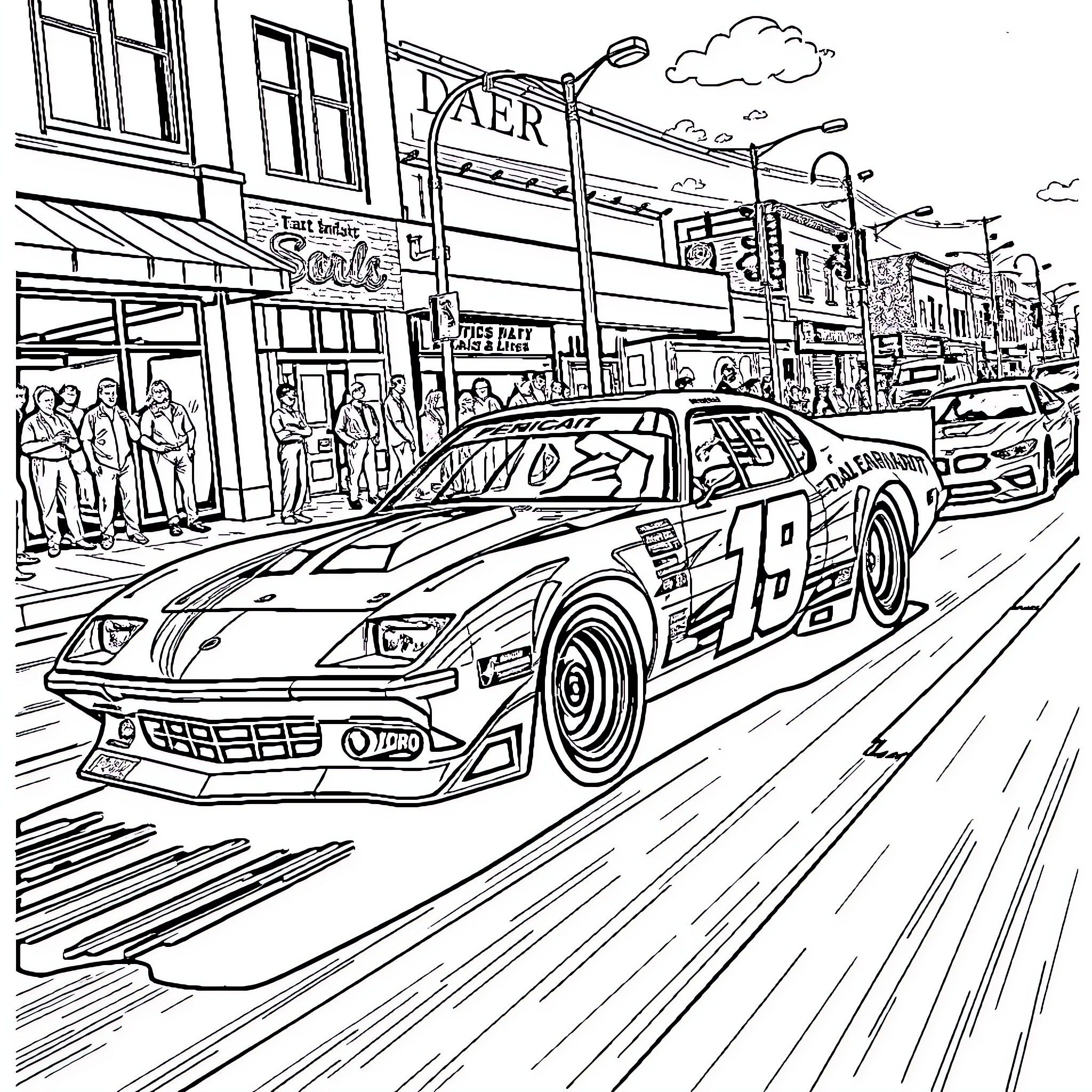 Car racing through a busy city street Coloring Page (free black-and-white line drawing printable PDF for all, from beginners to advanced learners, including children, teens, adults, and seniors)