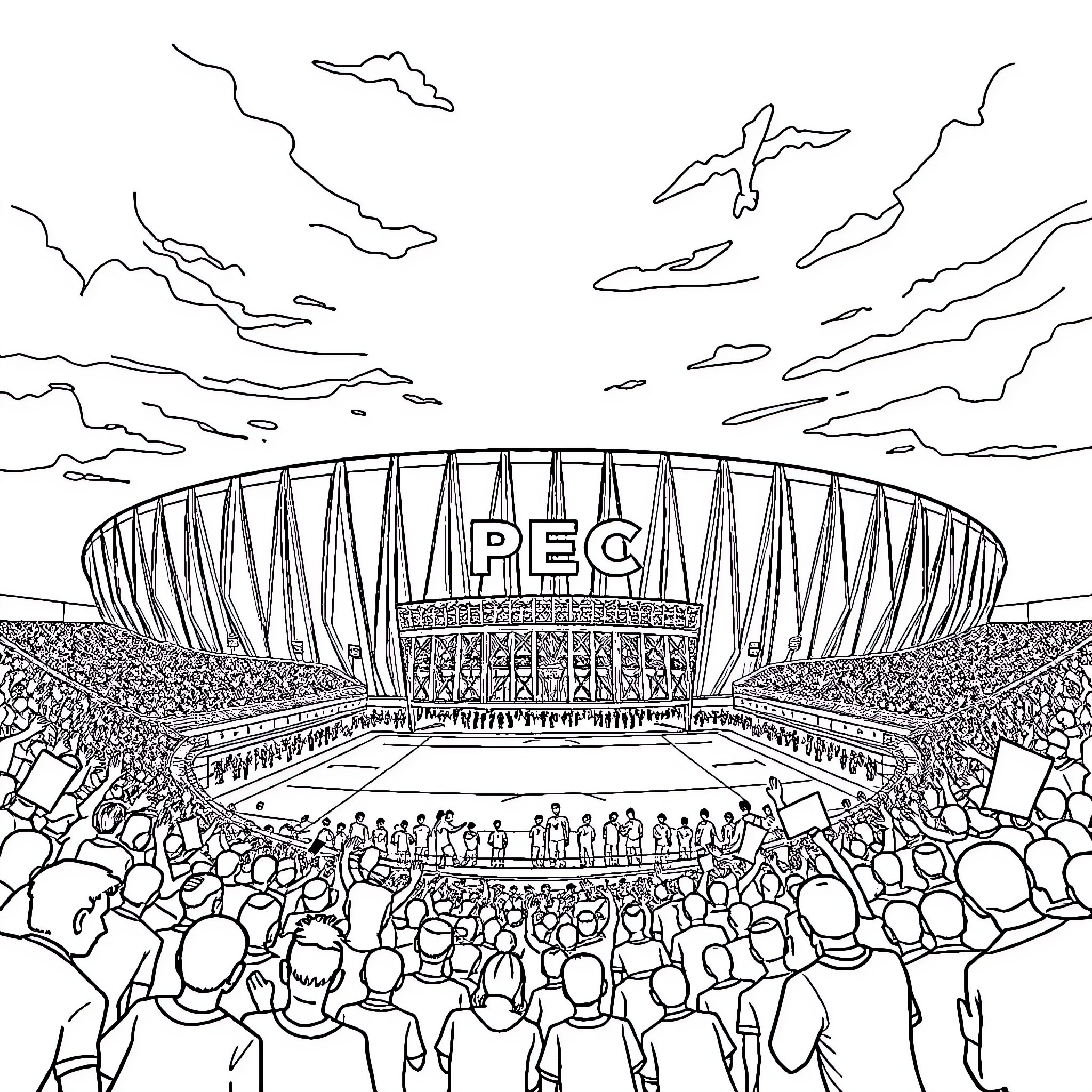 Stadium full of enthusiastic spectators in the stands Coloring Page (free black-and-white line drawing printable PDF for all, from beginners to advanced learners, including children, teens, adults, and seniors)