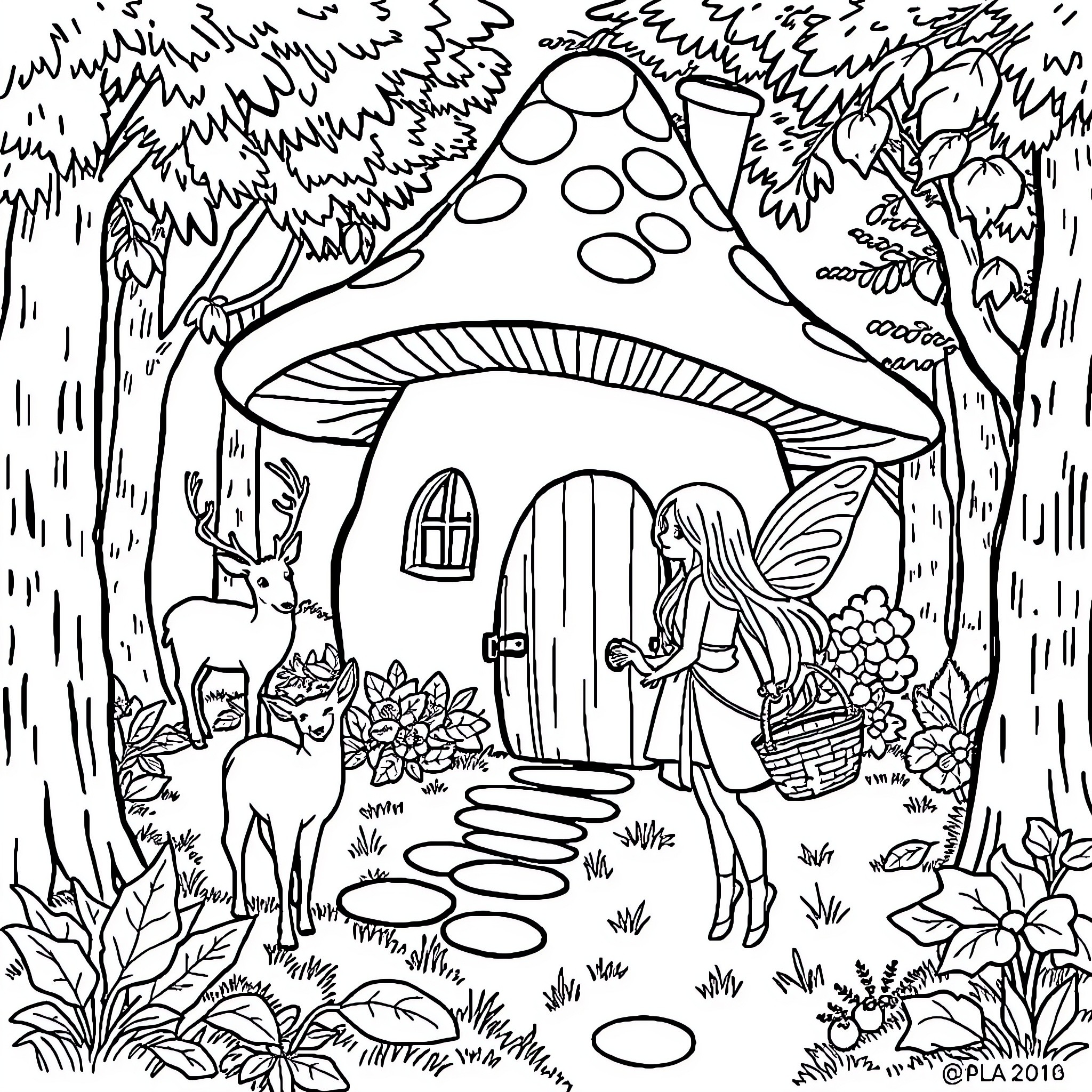 Mushroom fairy's enchanting woodland abode Coloring Page (free black-and-white line drawing printable PDF for all, from beginners to advanced learners, including children, teens, adults, and seniors)