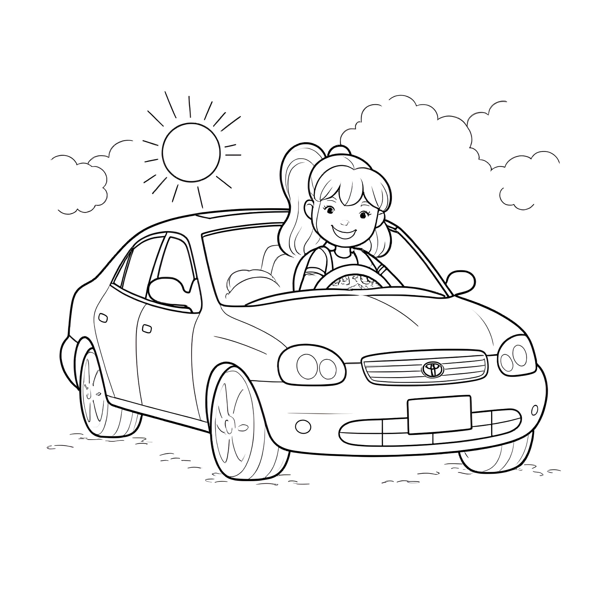 Toddler driving car happily on sunny day Coloring Page (free black-and-white line drawing printable PDF for all, from beginners to advanced learners, including children, teens, adults, and seniors)