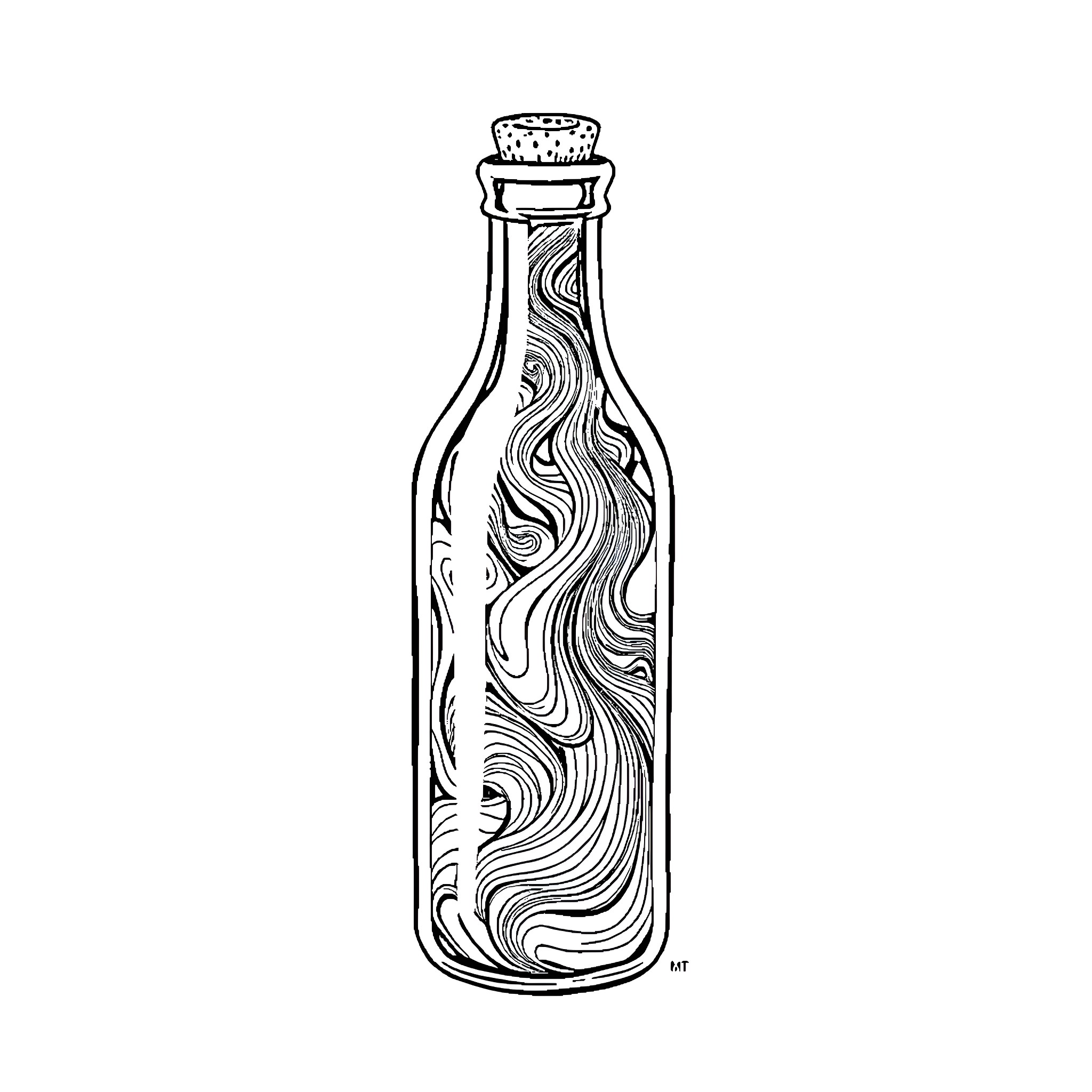 Emotion in a Bottle: Swirling Waves Coloring Page (free black-and-white line drawing printable PDF for all, from beginners to advanced learners, including children, teens, adults, and seniors)