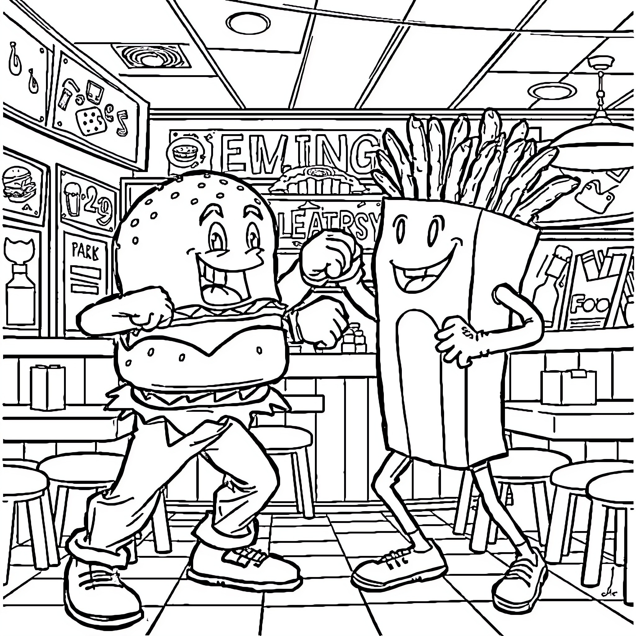 Cheeseburger characters enjoying fun activities in diner Coloring Page (free black-and-white line drawing printable PDF for all, from beginners to advanced learners, including children, teens, adults, and seniors)
