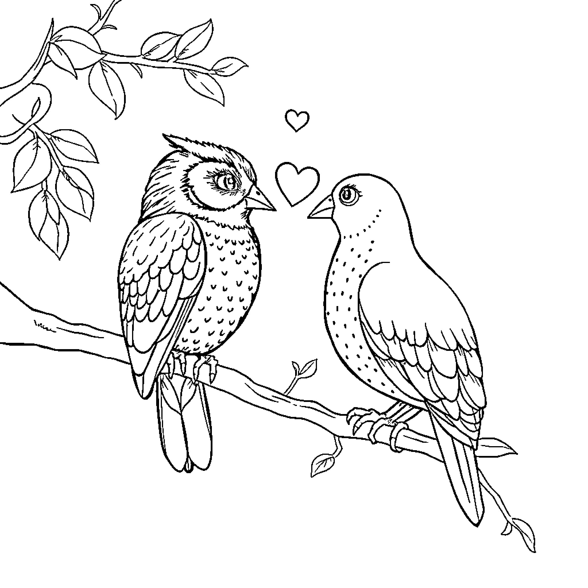 Owl lovebirds on branch with hearts Coloring Page (free black-and-white line drawing printable PDF for all, from beginners to advanced learners, including children, teens, adults, and seniors)