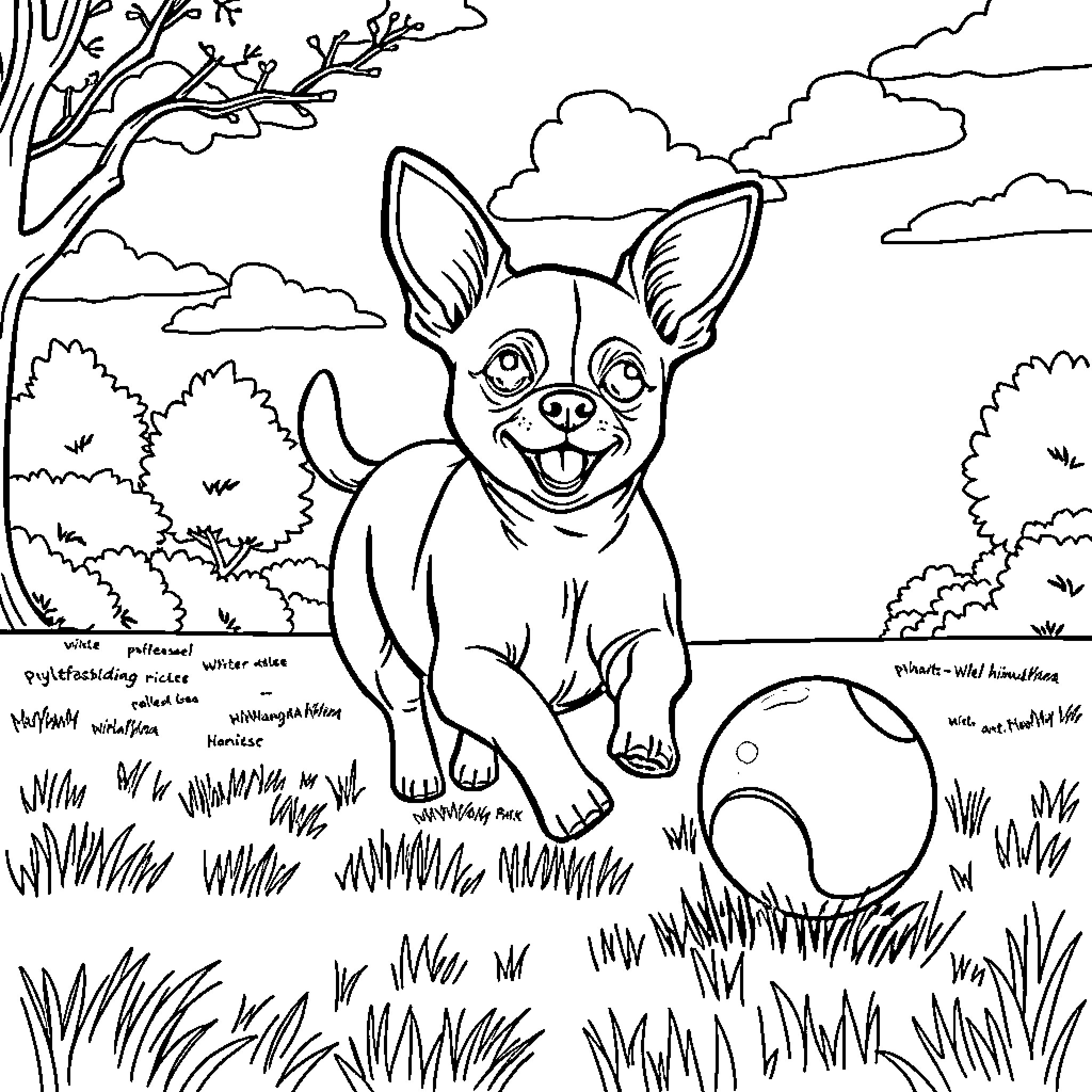 Chihuahua exploring the great outdoors Coloring Page (free black-and-white line drawing printable PDF for all, from beginners to advanced learners, including children, teens, adults, and seniors)