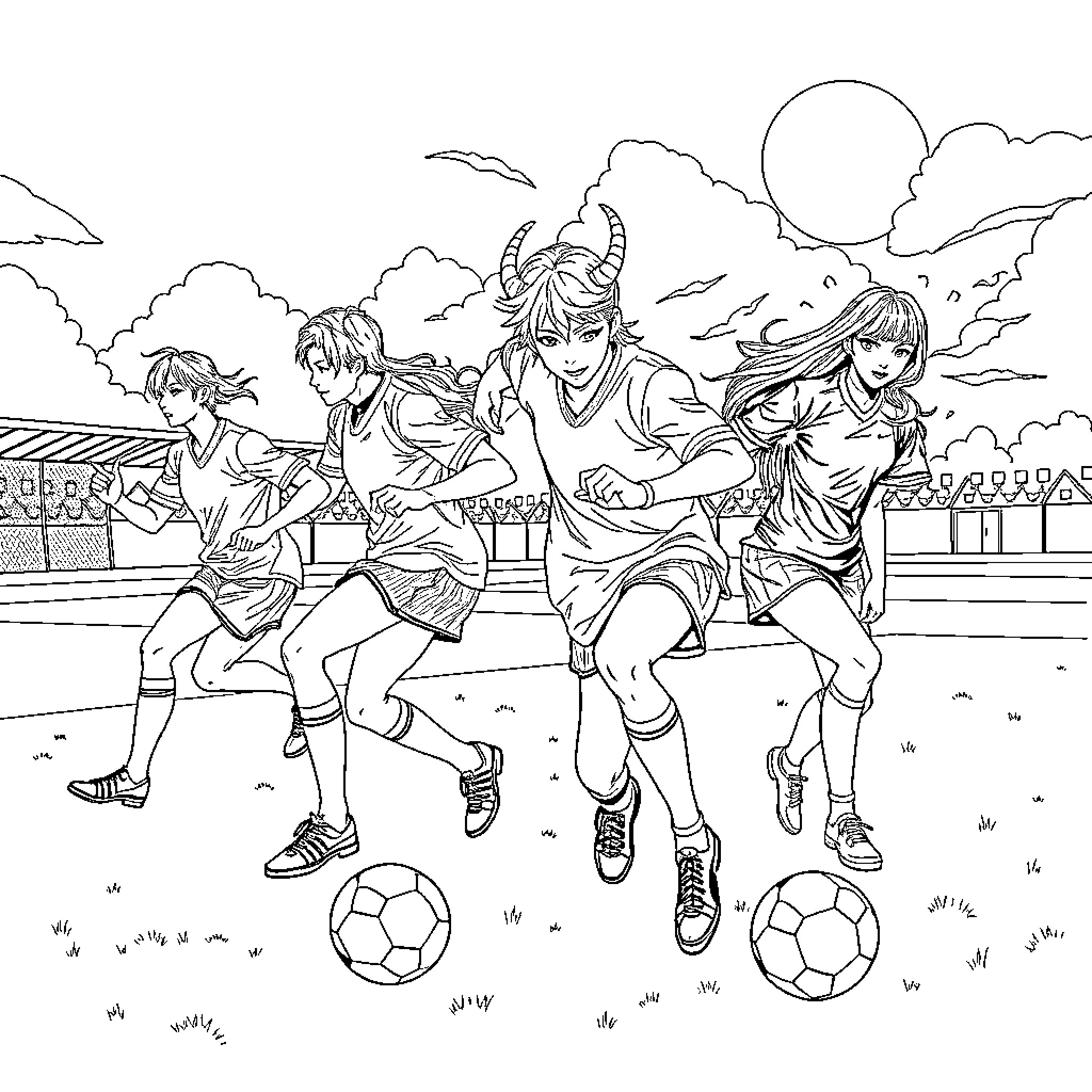 Demon Hunter Team Playing Football in Action Coloring Page (free black-and-white line drawing printable PDF for all, from beginners to advanced learners, including children, teens, adults, and seniors)