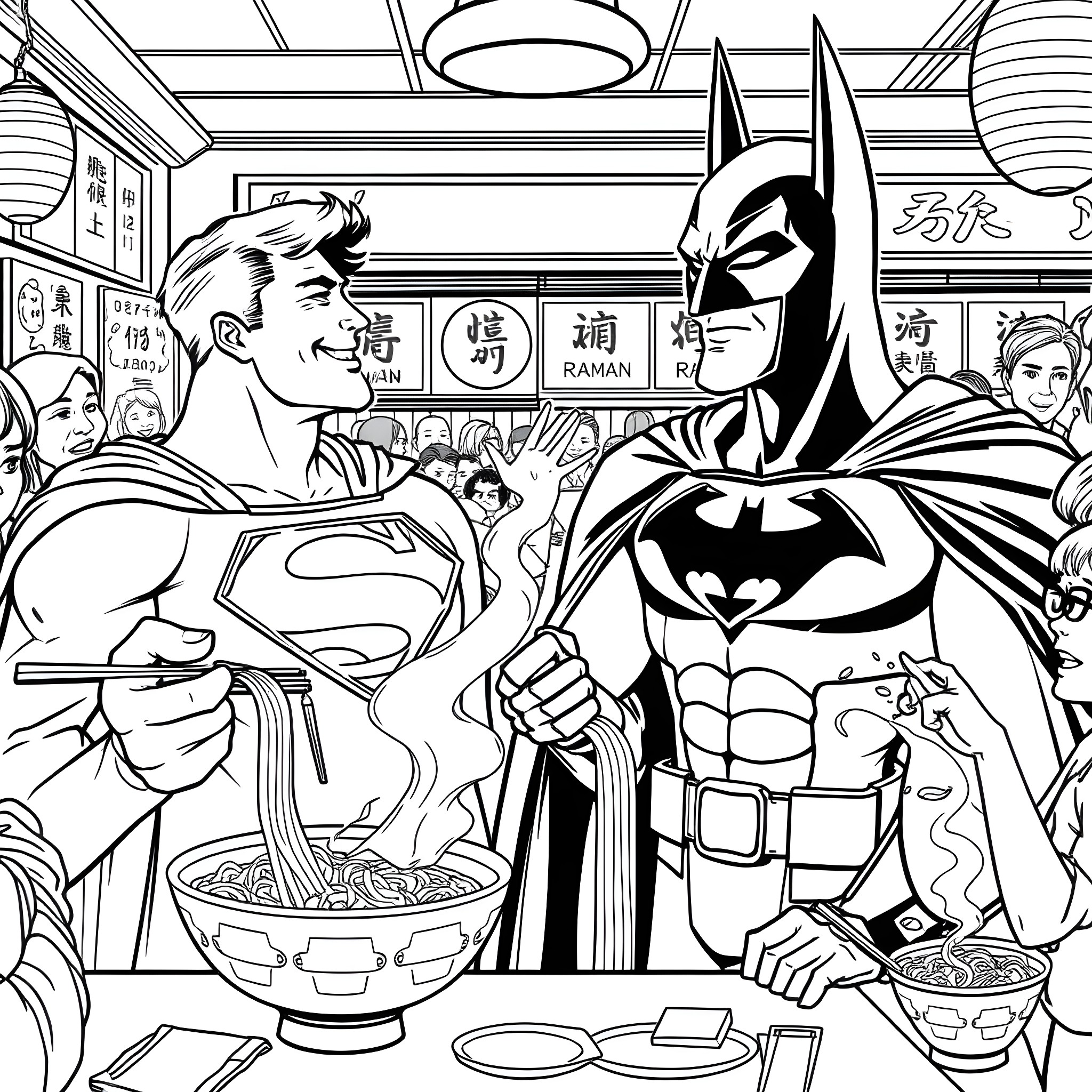 Superman and Batman sharing a meal in a bustling Asian restaurant Coloring Page (free black-and-white line drawing printable PDF for all, from beginners to advanced learners, including children, teens, adults, and seniors)