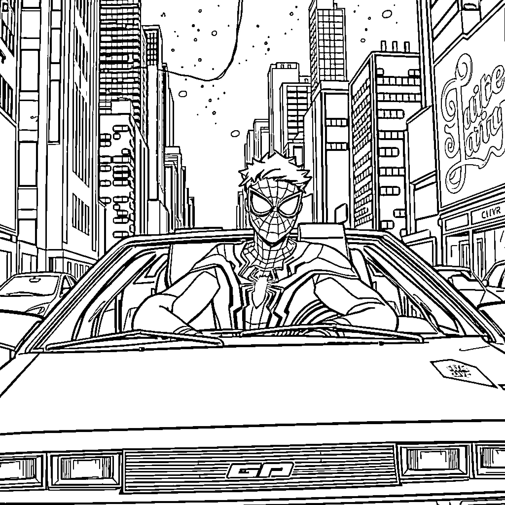 Miles Morales in action-packed urban adventure Coloring Page (free black-and-white line drawing printable PDF for all, from beginners to advanced learners, including children, teens, adults, and seniors)