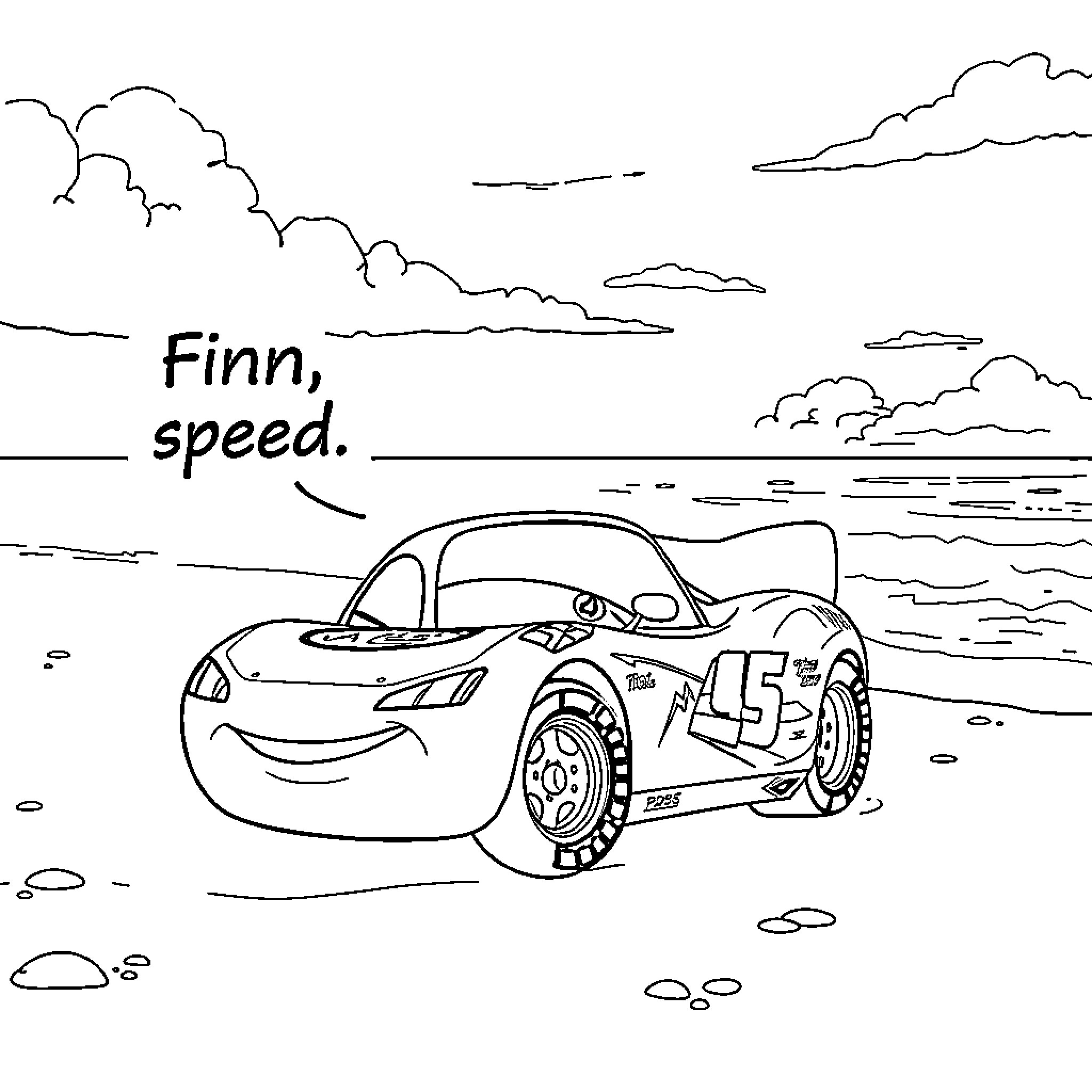 Lightning McQueen driving fast in a scenic landscape Coloring Page (free black-and-white line drawing printable PDF for all, from beginners to advanced learners, including children, teens, adults, and seniors)