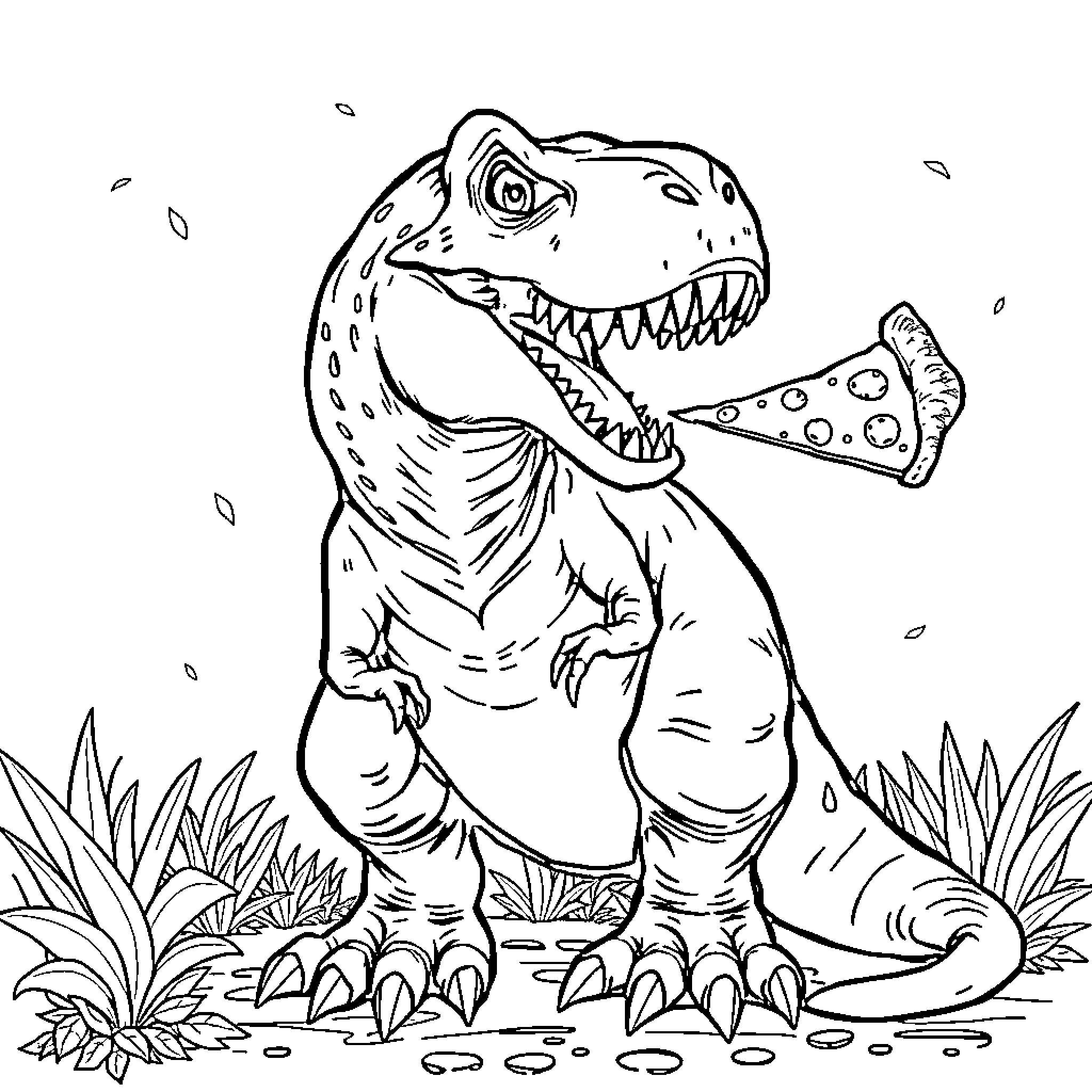 T-Rex stomping through prehistoric vegetation Coloring Page (free black-and-white line drawing printable PDF for all, from beginners to advanced learners, including children, teens, adults, and seniors)