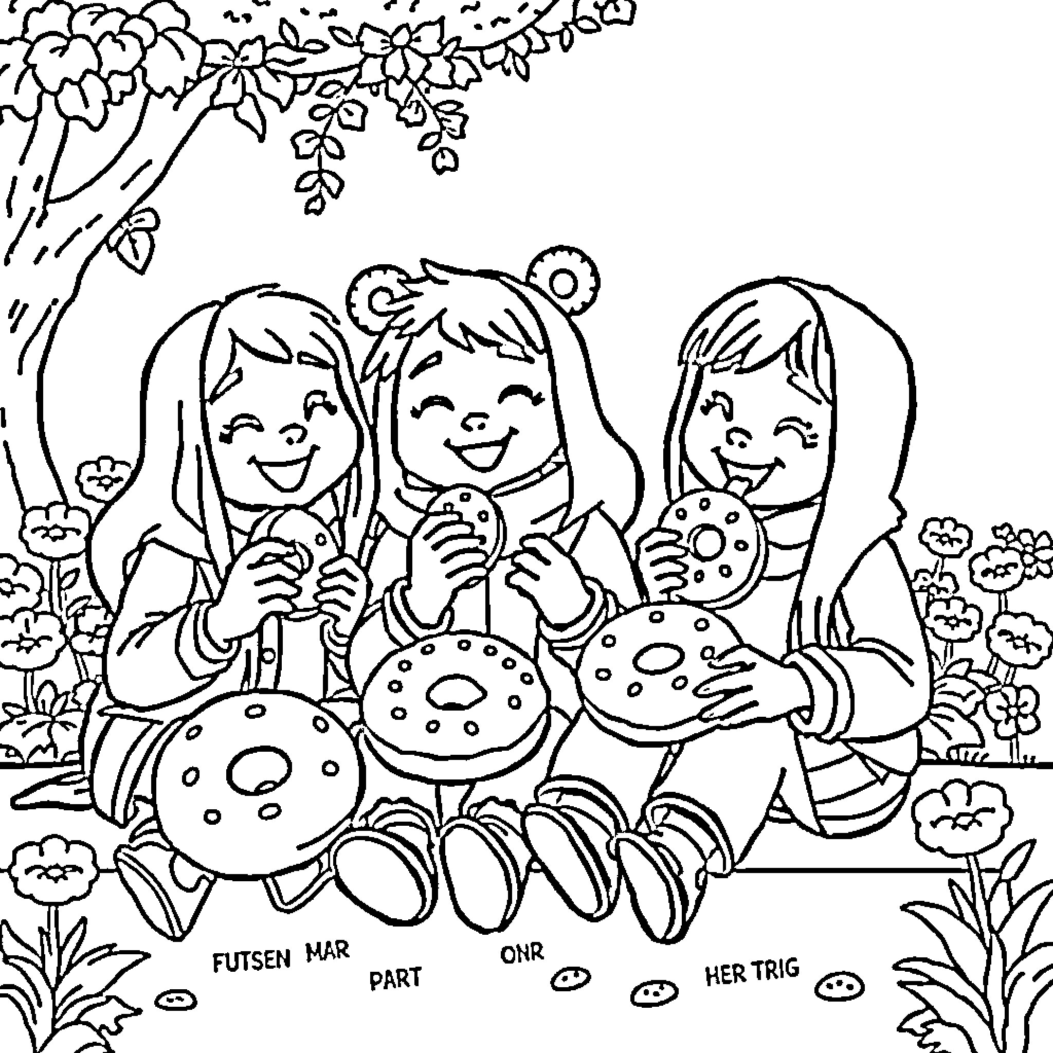 Garten of Banban: Children Playing with Cookies in a Floral Scene Coloring Page (free black-and-white line drawing printable PDF for all, from beginners to advanced learners, including children, teens, adults, and seniors)