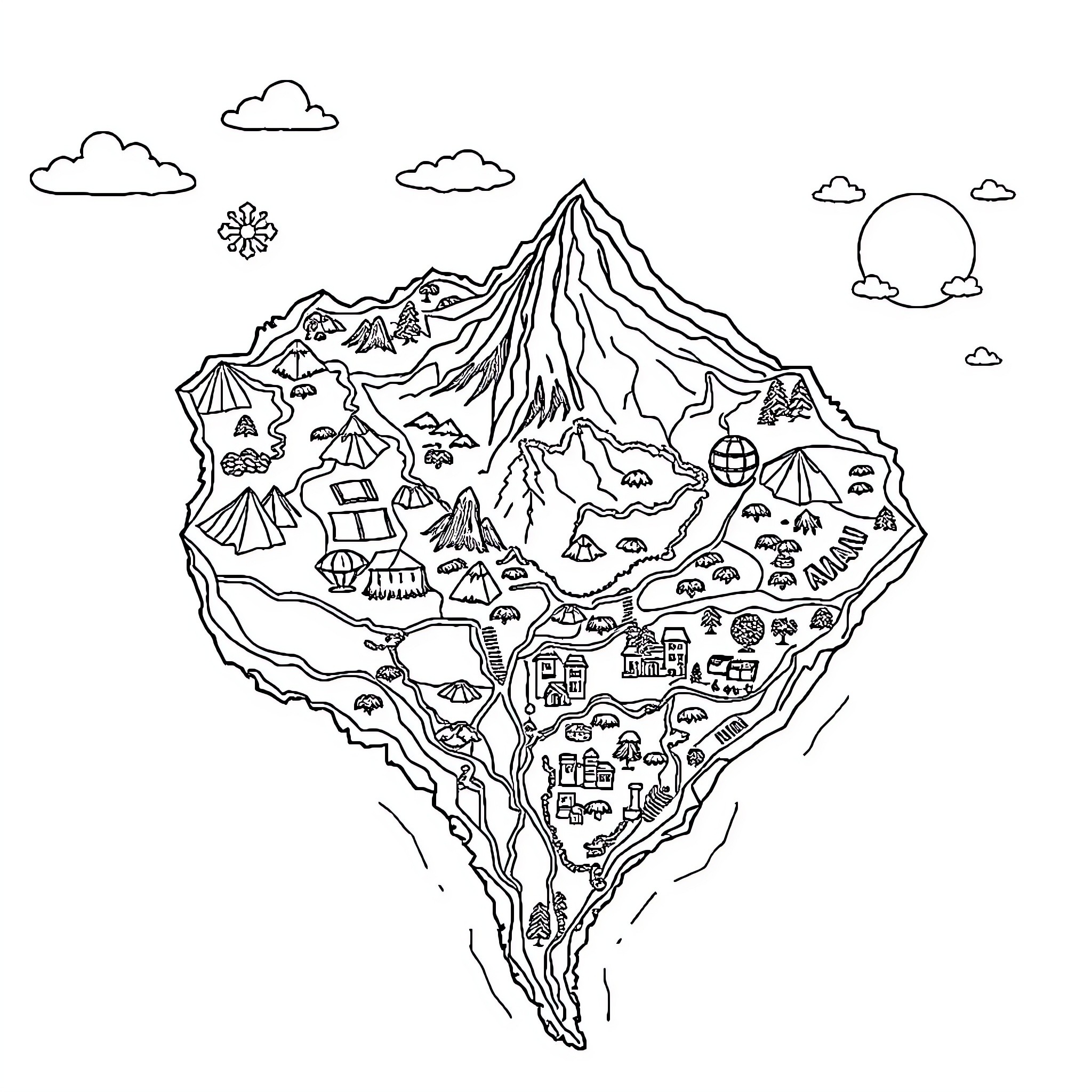 Geography of an Illustrated Mountain Landscape Coloring Page (free black-and-white line drawing printable PDF for all, from beginners to advanced learners, including children, teens, adults, and seniors)