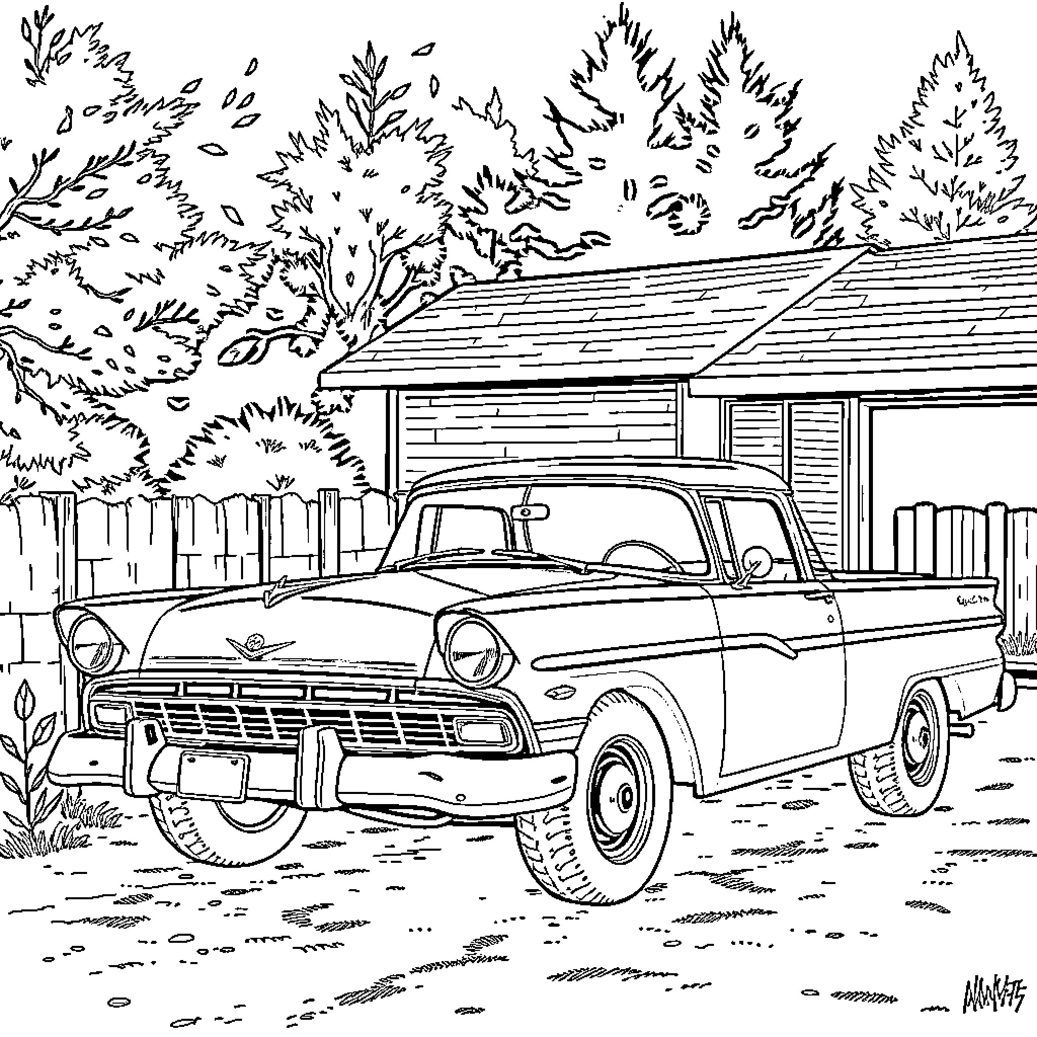 Car parked in front of rustic cabin Coloring Page (free black-and-white line drawing printable PDF for all, from beginners to advanced learners, including children, teens, adults, and seniors)