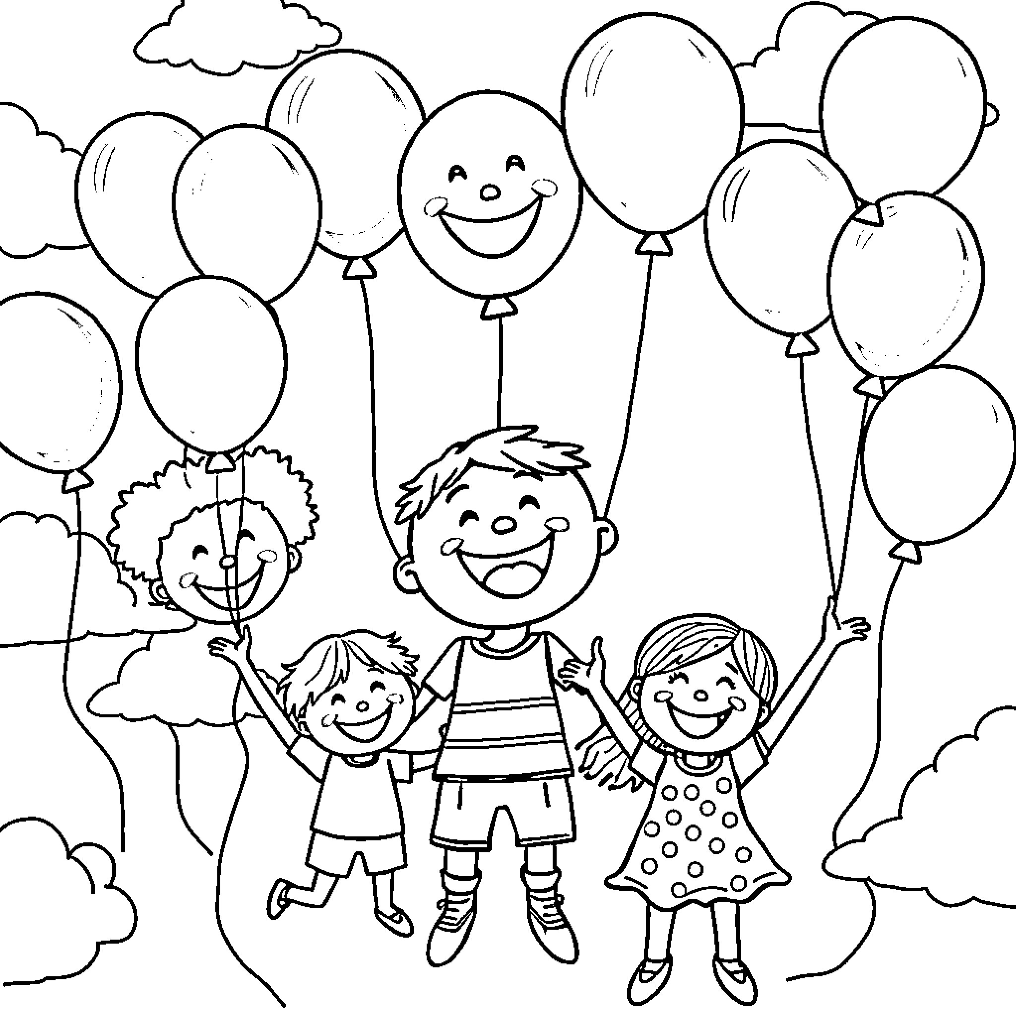 Balloon fun with happy children Coloring Page (free black-and-white line drawing printable PDF for all, from beginners to advanced learners, including children, teens, adults, and seniors)