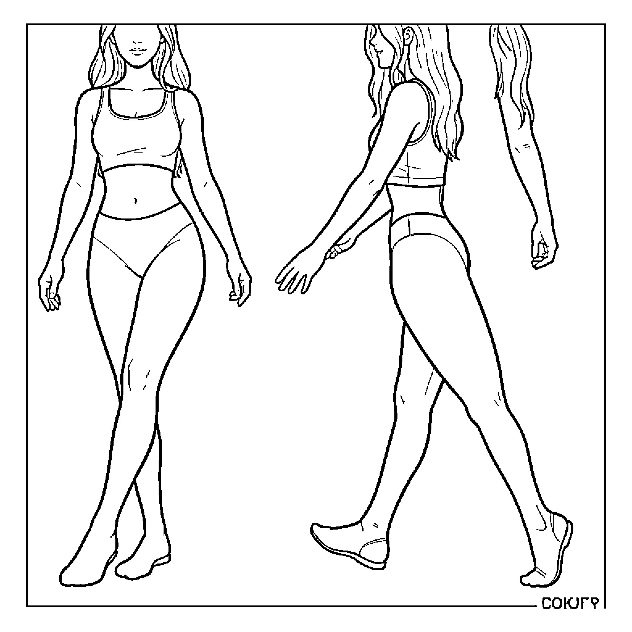 Woman posing in athletic wear from multiple angles Coloring Page (free black-and-white line drawing printable PDF for all, from beginners to advanced learners, including children, teens, adults, and seniors)