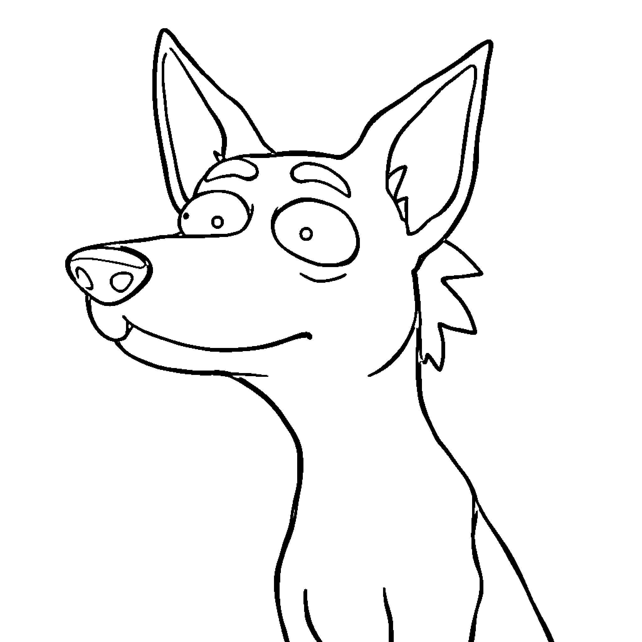 Dog with Playful Expression and Pointed Ears Coloring Page (free black-and-white line drawing printable PDF for all, from beginners to advanced learners, including children, teens, adults, and seniors)