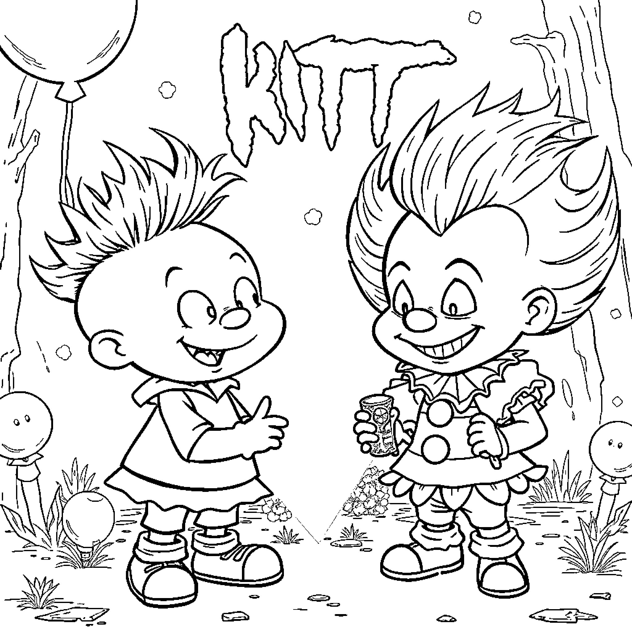 Chuckie and his friend explore the forest Coloring Page (free black-and-white line drawing printable PDF for all, from beginners to advanced learners, including children, teens, adults, and seniors)