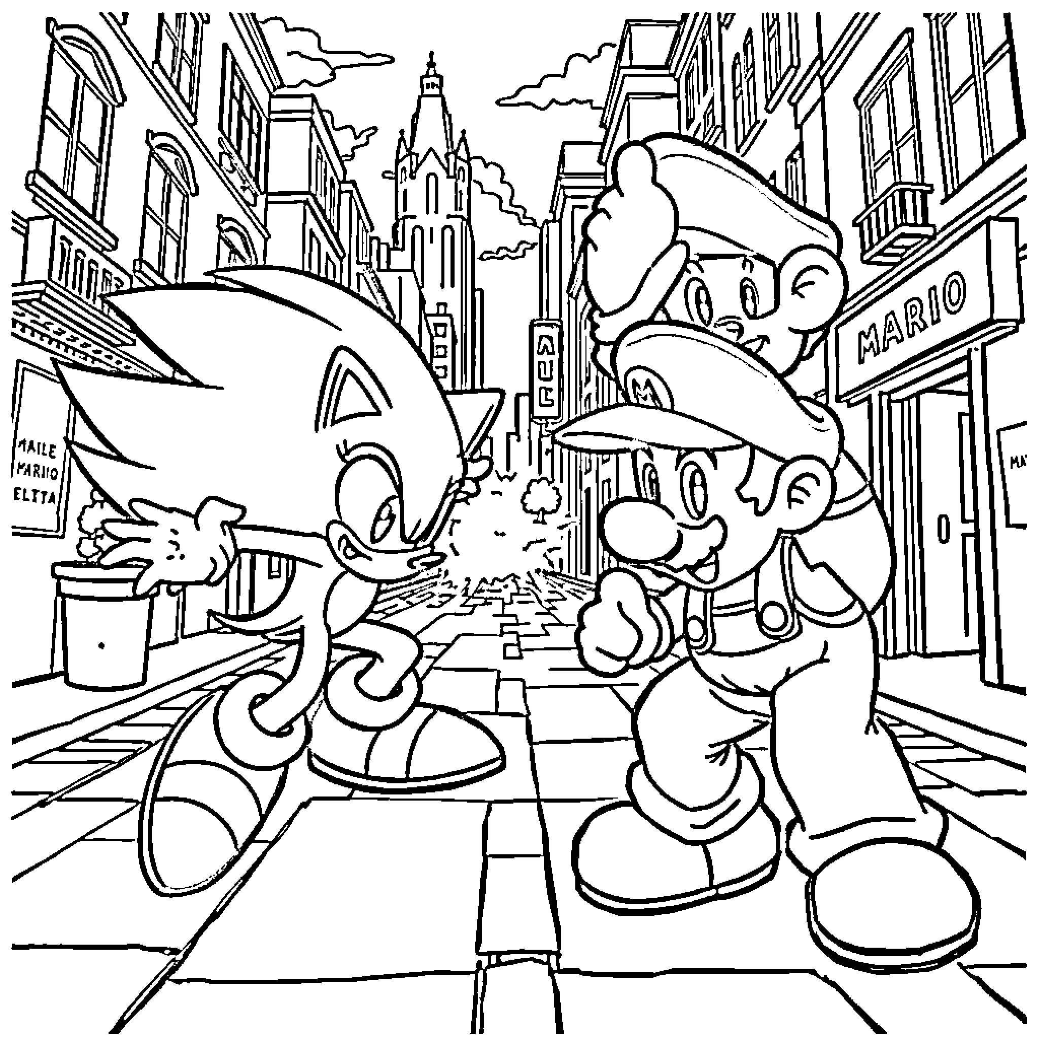 Sonic and Mario's Cityscape Adventure Coloring Page (free black-and-white line drawing printable PDF for all, from beginners to advanced learners, including children, teens, adults, and seniors)