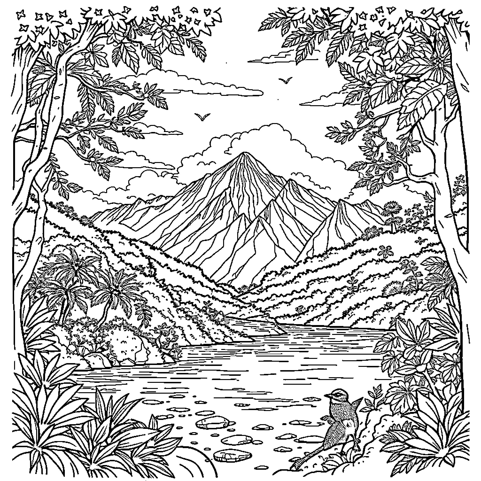 Landscape with lush tropical foliage and towering mountain Coloring Page (free black-and-white line drawing printable PDF for all, from beginners to advanced learners, including children, teens, adults, and seniors)