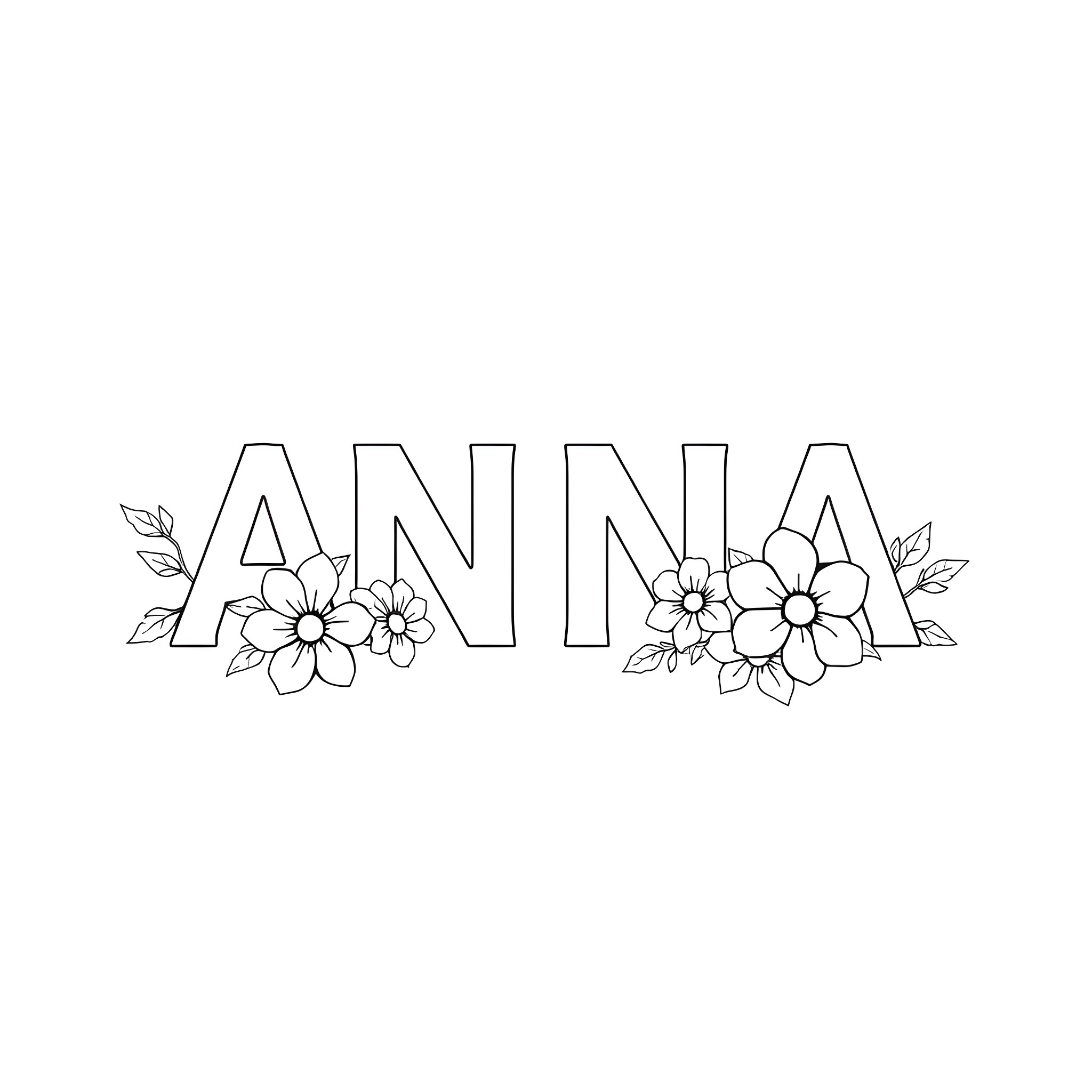 Anna's Floral Name Design Coloring Page (free black-and-white line drawing printable PDF for all, from beginners to advanced learners, including children, teens, adults, and seniors)