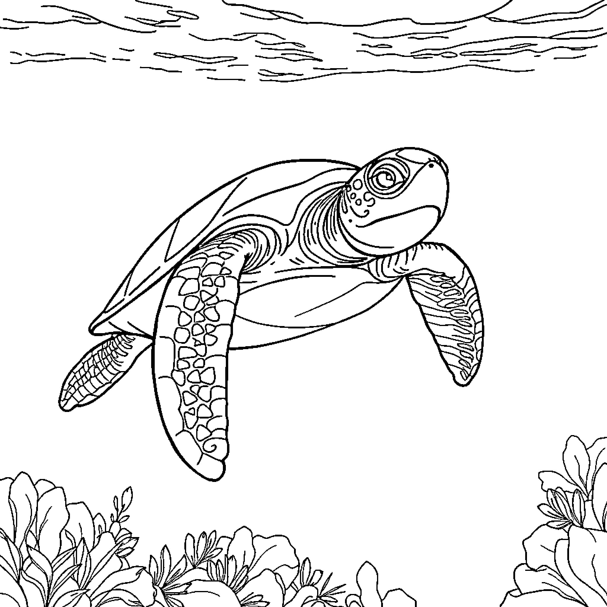 Turtle swimming gracefully in underwater garden Coloring Page (free black-and-white line drawing printable PDF for all, from beginners to advanced learners, including children, teens, adults, and seniors)