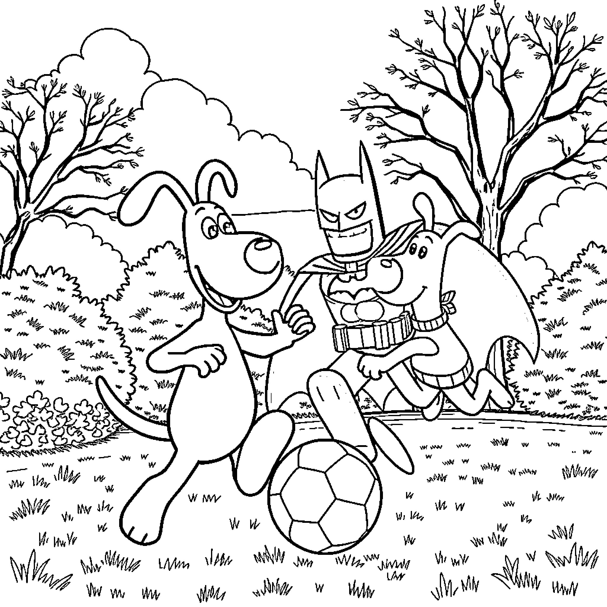 Wallace and Friends Enjoy Playtime in the Park Coloring Page (free black-and-white line drawing printable PDF for all, from beginners to advanced learners, including children, teens, adults, and seniors)