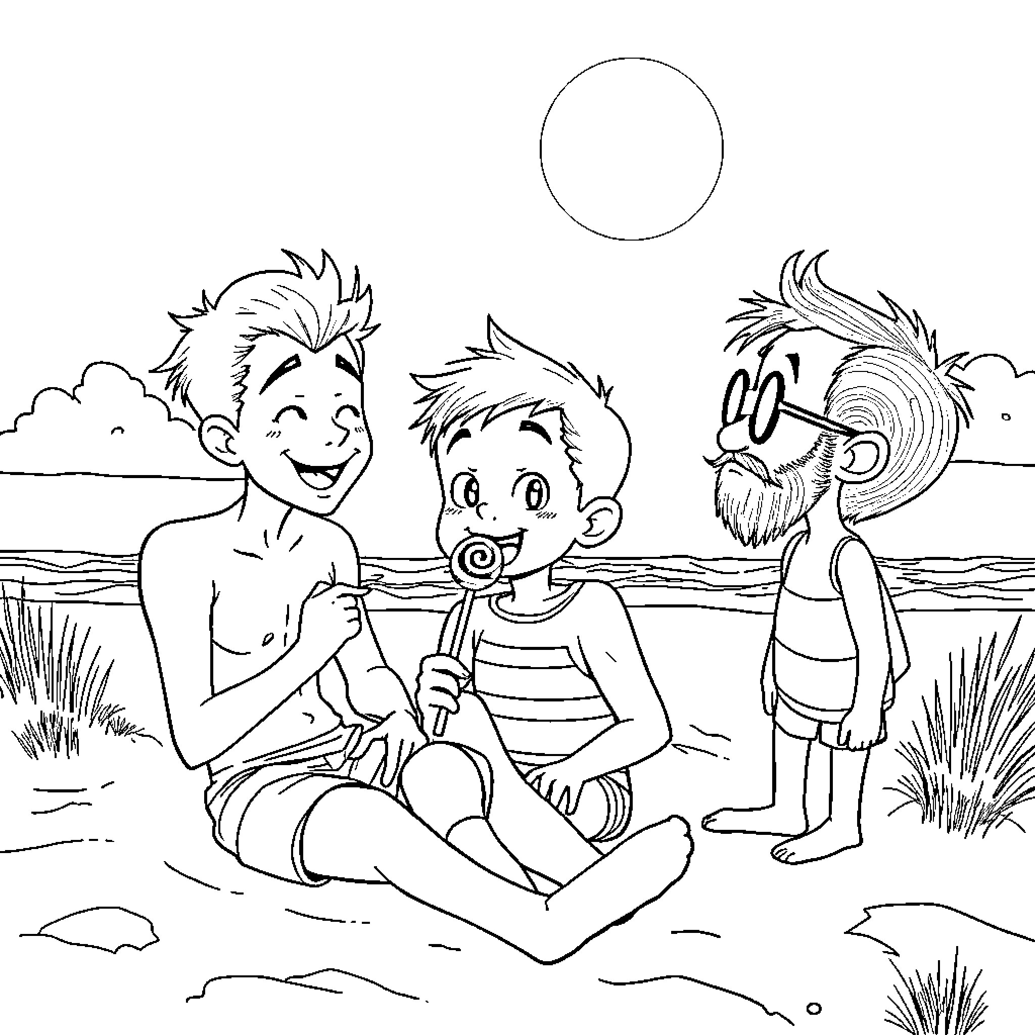 Virgil Van Dijk enjoying a casual day with friends on the beach Coloring Page (free black-and-white line drawing printable PDF for all, from beginners to advanced learners, including children, teens, adults, and seniors)