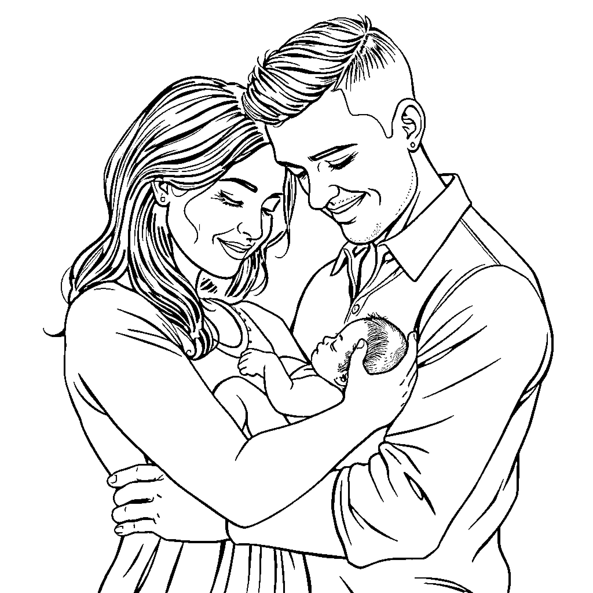 Family embracing with newborn child Coloring Page (free black-and-white line drawing printable PDF for all, from beginners to advanced learners, including children, teens, adults, and seniors)
