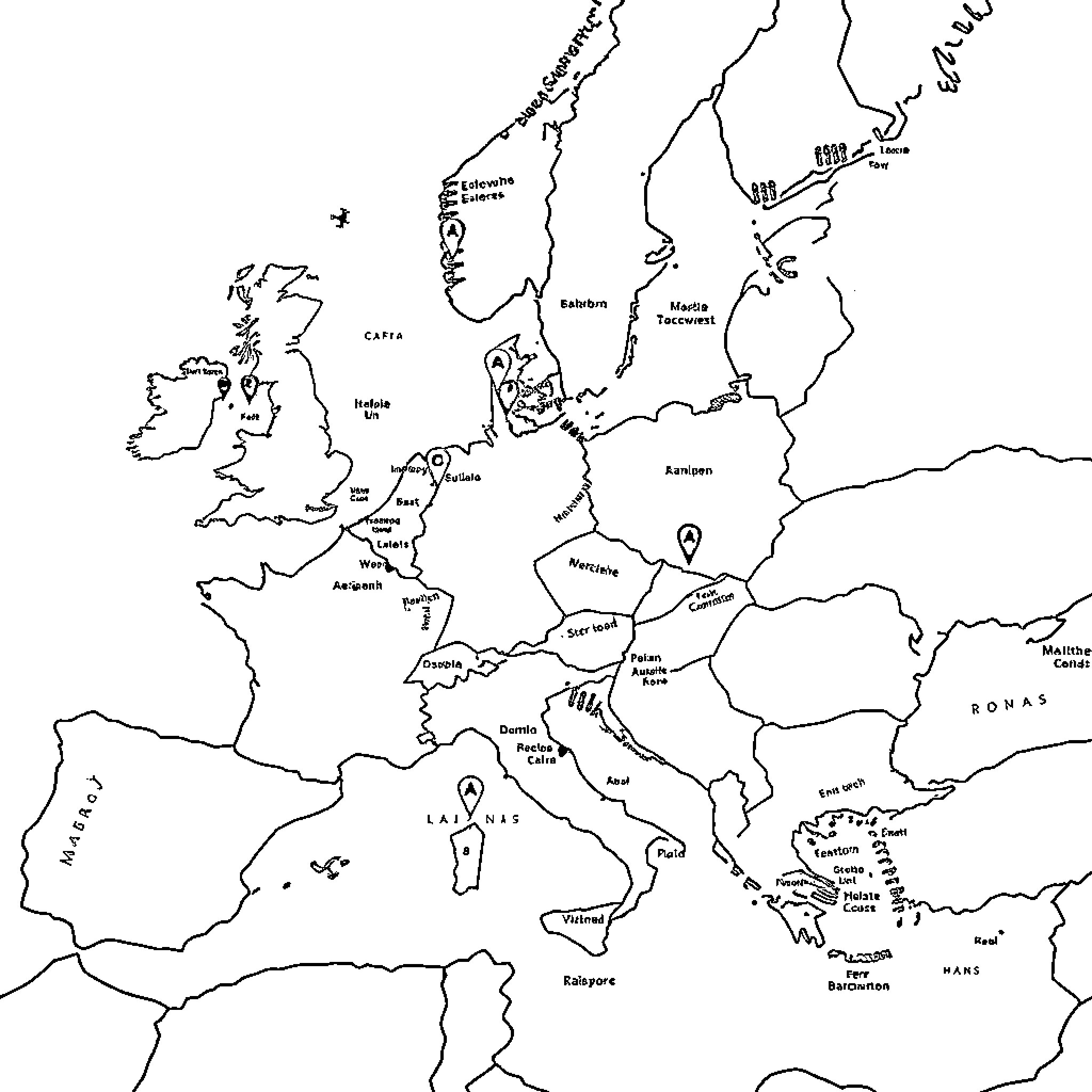Map of Europe with country borders Coloring Page (free black-and-white line drawing printable PDF for all, from beginners to advanced learners, including children, teens, adults, and seniors)