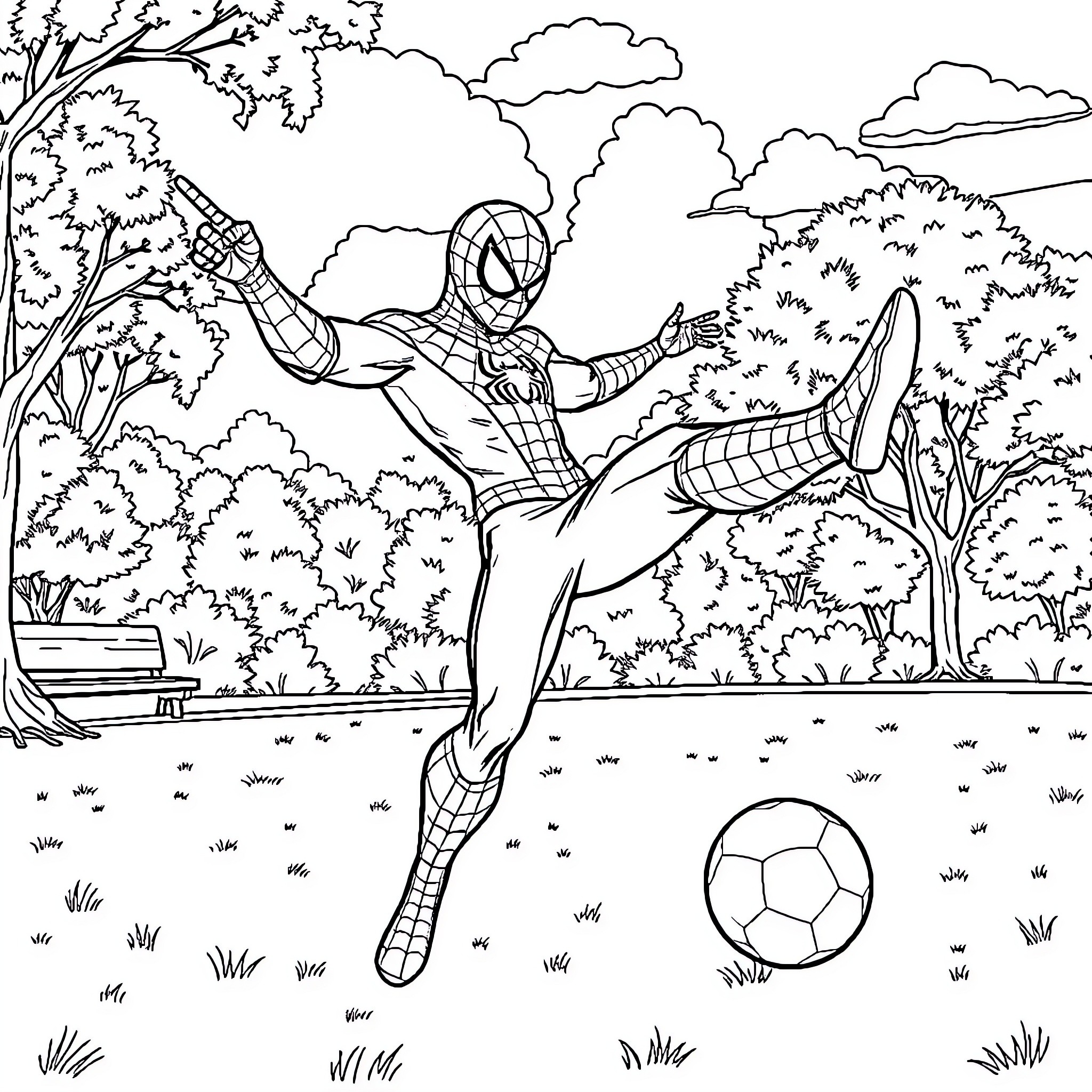 Spiderman swinging through a park with a soccer ball Coloring Page (free black-and-white line drawing printable PDF for all, from beginners to advanced learners, including children, teens, adults, and seniors)
