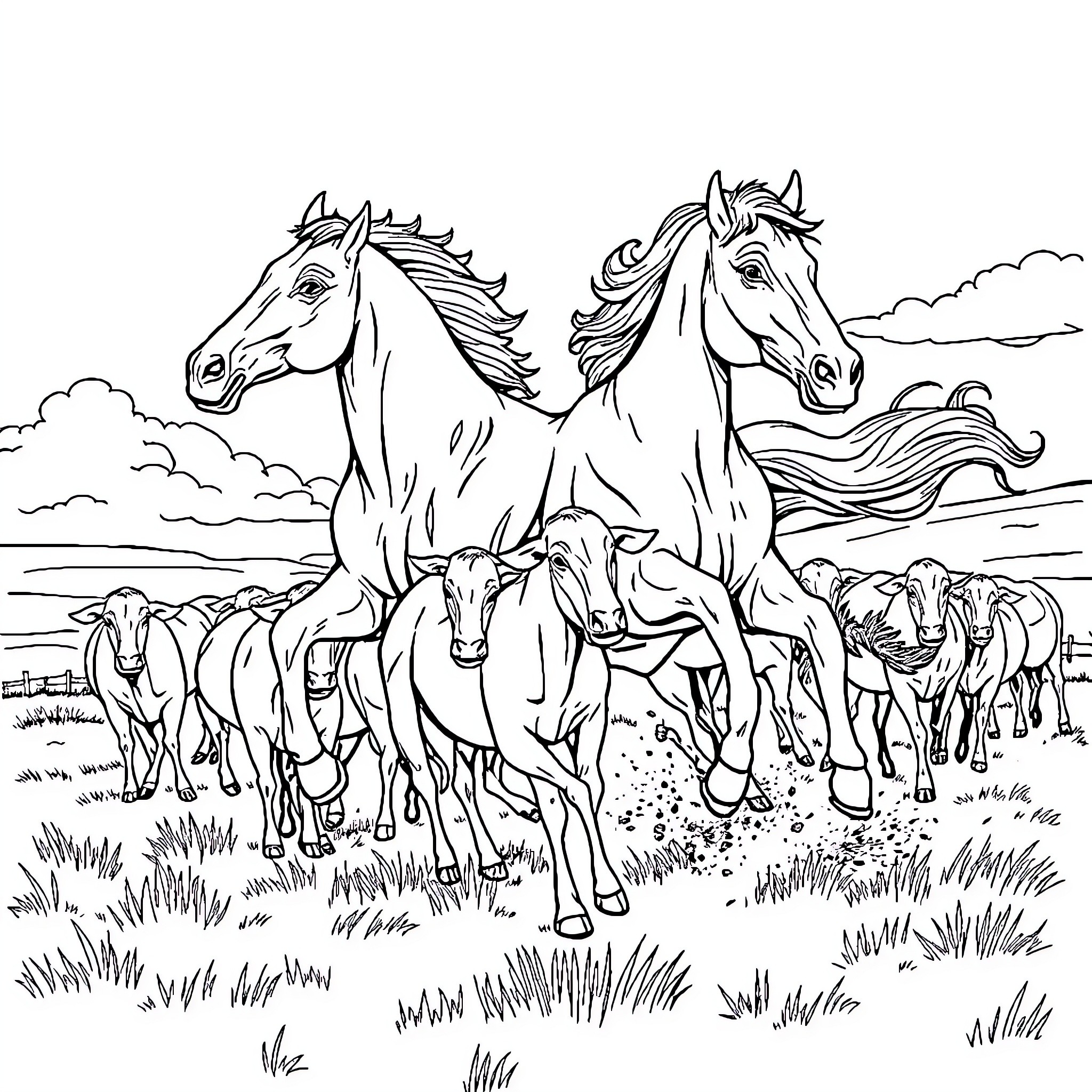 Car with horses galloping across a field Coloring Page (free black-and-white line drawing printable PDF for all, from beginners to advanced learners, including children, teens, adults, and seniors)